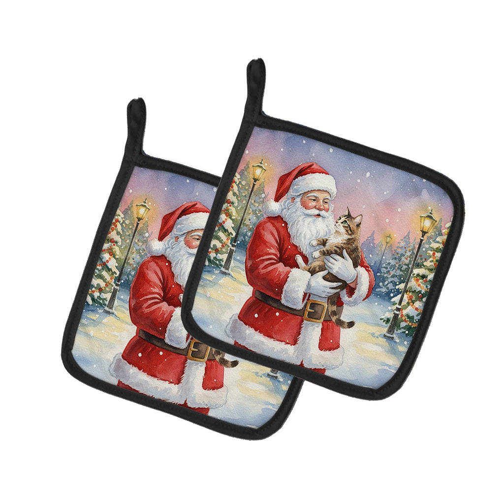 American Bobtail Cat with Santa Claus Pot Holder Set of 2 Heat Resistant Quilted Hot Pads 7.5 x 7.5 Inch, Insulated Kitchen Trivets for Cooking & Baking