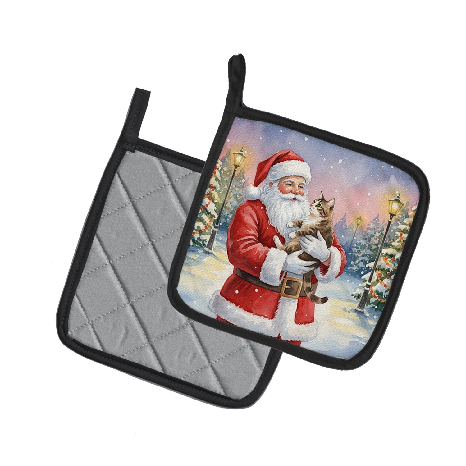 American Bobtail Cat with Santa Claus Pot Holder Set of 2 Heat Resistant Quilted Hot Pads 7.5 x 7.5 Inch, Insulated Kitchen Trivets for Cooking & Baking