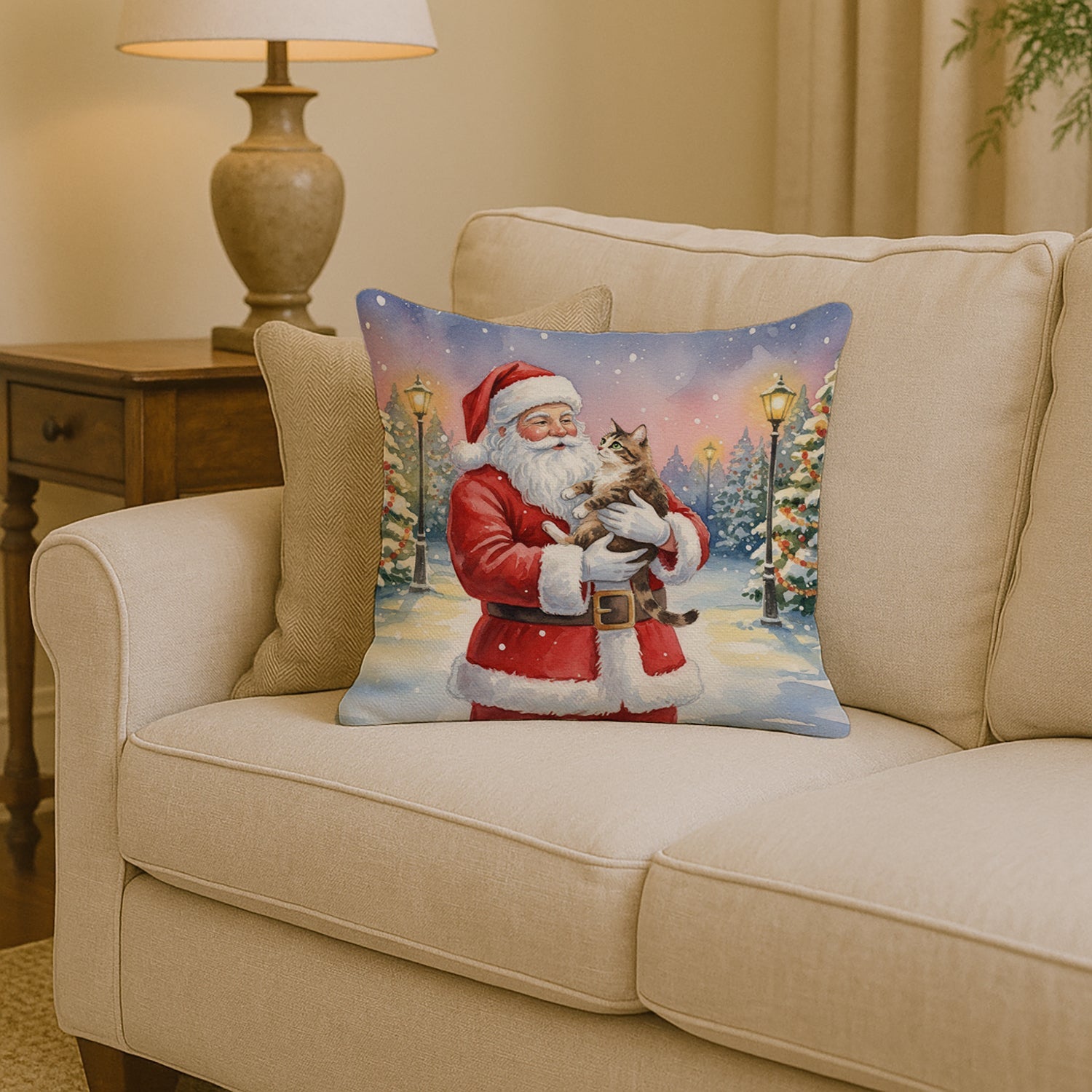 American Bobtail Cat with Santa Claus Decorative Throw Pillow 14x14 Indoor Outdoor Accent Cushion, Fabric Cover with Insert for Sofa, Bed, Porch & Living Room