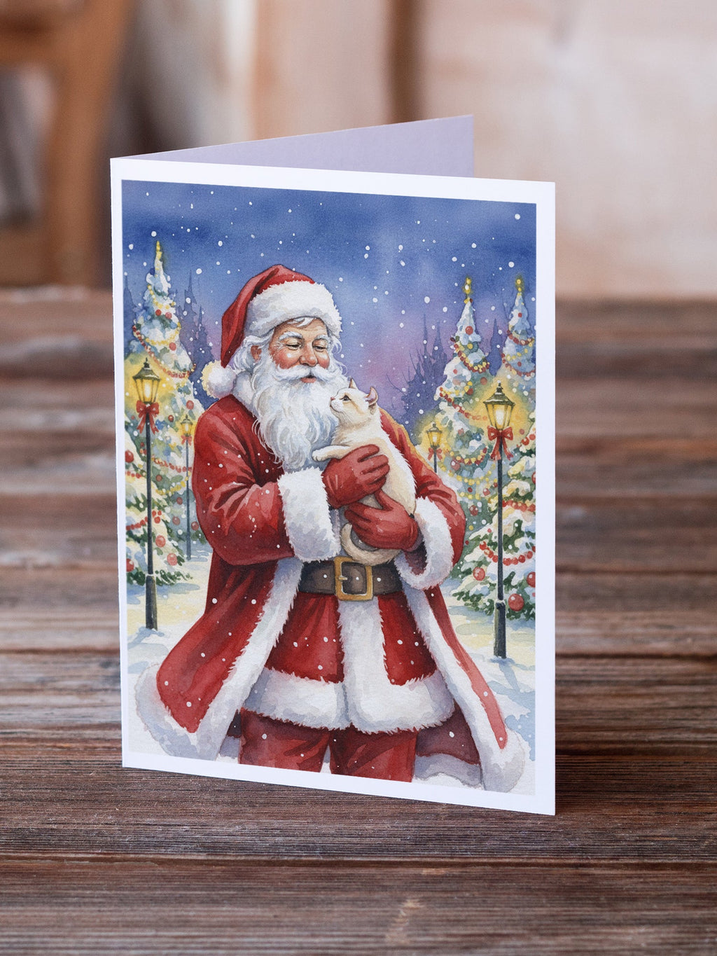 American Curl Cat with Santa Claus Greeting Cards Pack of 8 Blank Cards with Envelopes Whimsical A7 Size 5x7