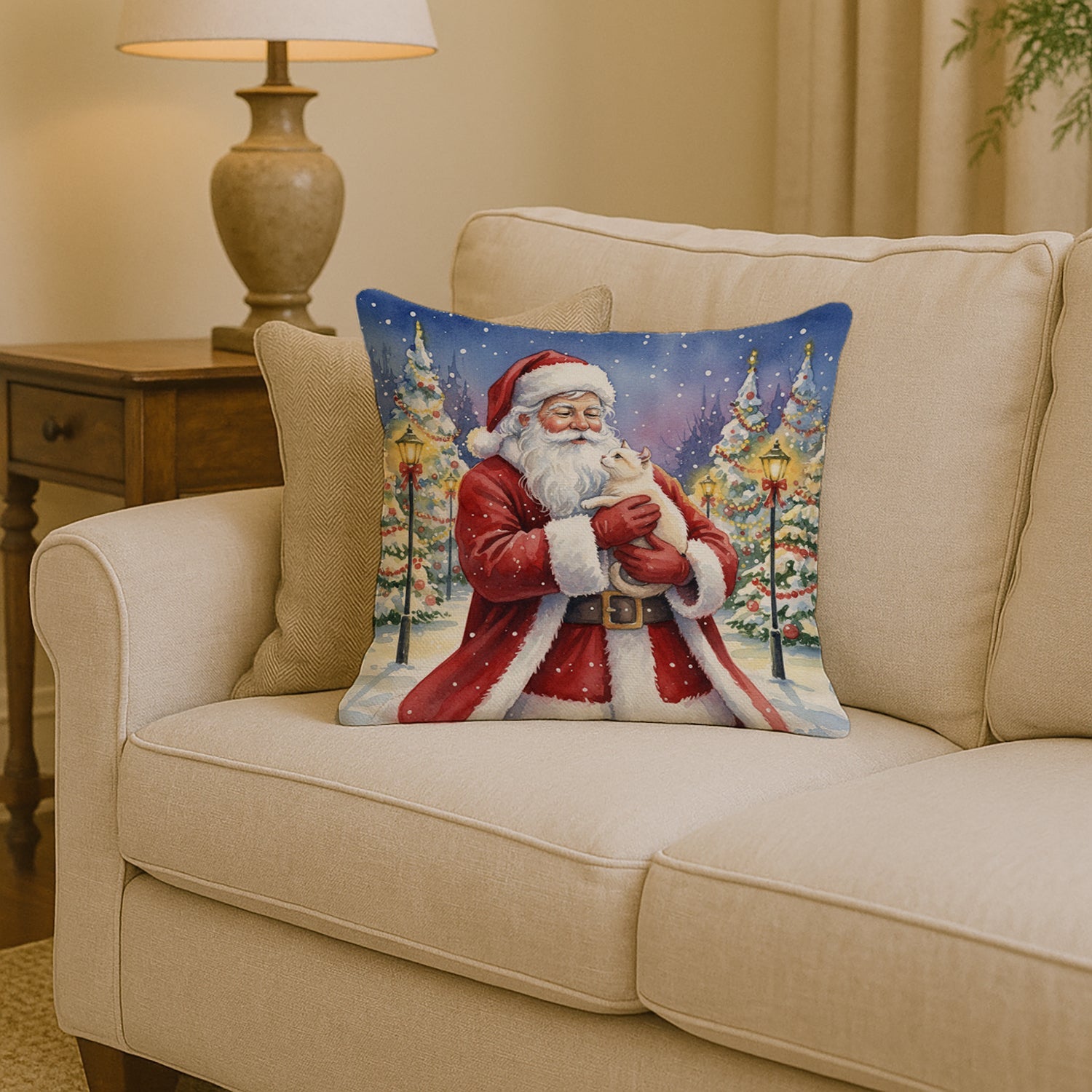 American Curl Cat with Santa Claus Decorative Throw Pillow 14x14 Indoor Outdoor Accent Cushion, Fabric Cover with Insert for Sofa, Bed, Porch & Living Room