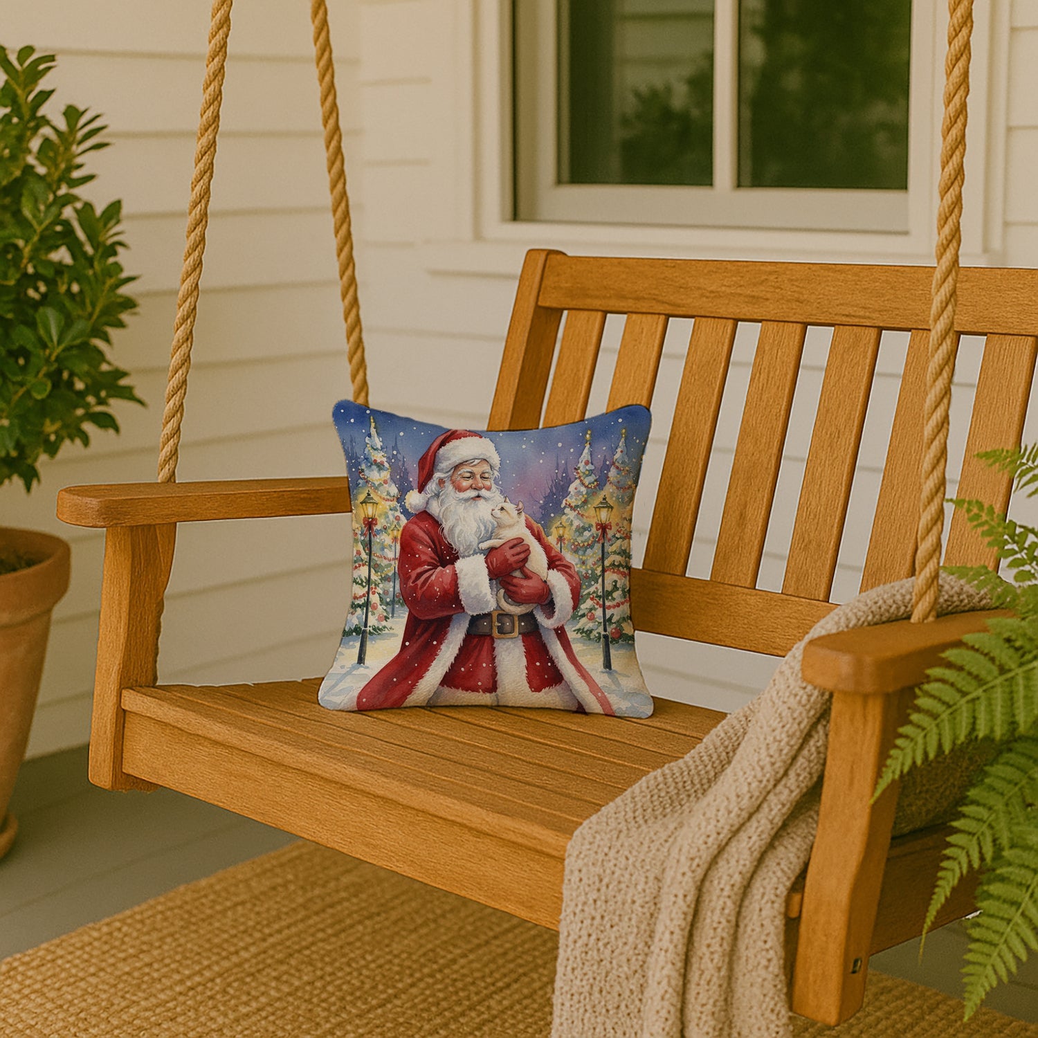 American Curl Cat with Santa Claus Decorative Throw Pillow 14x14 Indoor Outdoor Accent Cushion, Fabric Cover with Insert for Sofa, Bed, Porch & Living Room