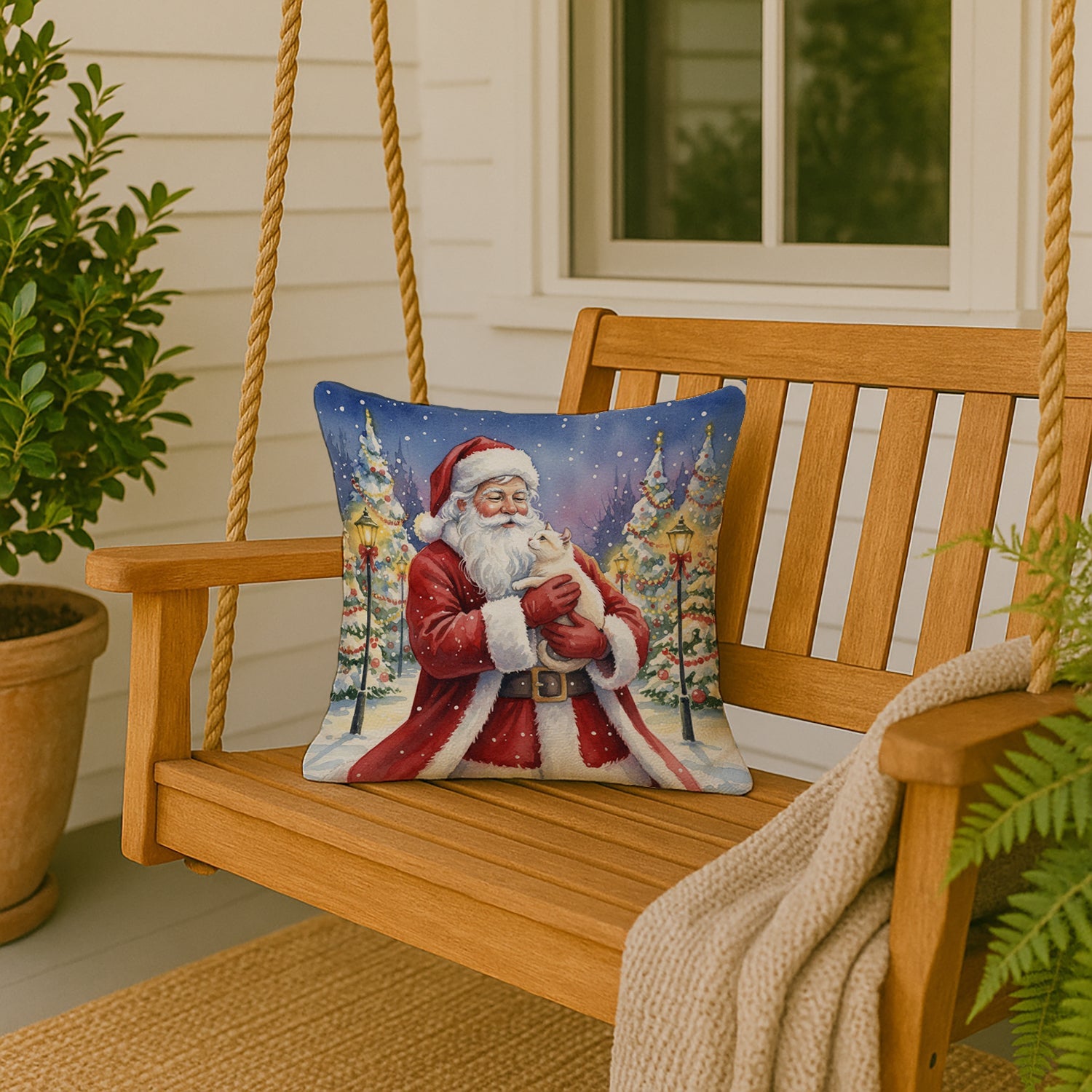 American Curl Cat with Santa Claus Decorative Throw Pillow 18x18 Indoor Outdoor Accent Cushion, Fabric Cover with Insert for Sofa, Bed, Porch & Living Room