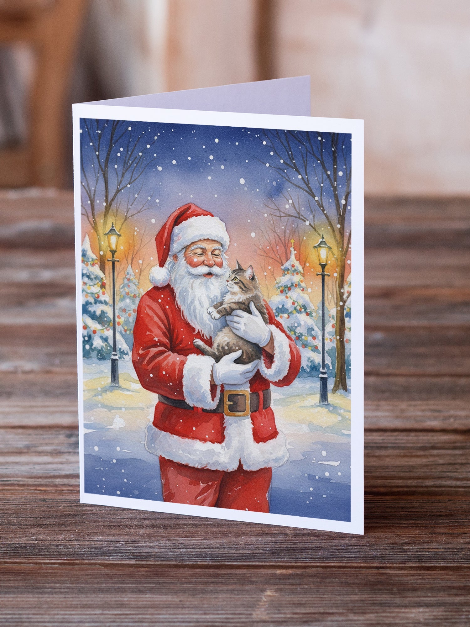 American Shorthair Cat with Santa Claus Greeting Cards Pack of 8 Blank Cards with Envelopes Whimsical A7 Size 5x7