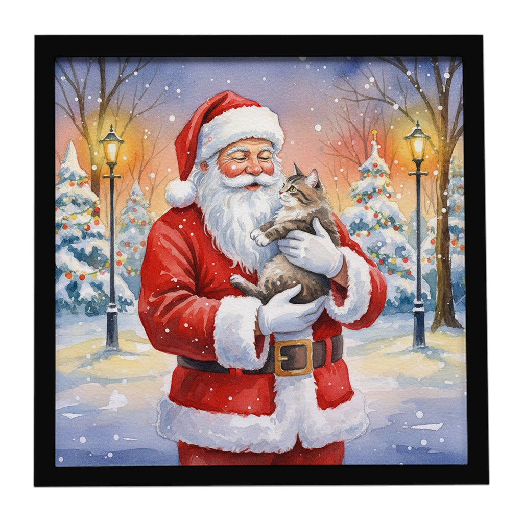 American Shorthair Cat with Santa Claus Framed Metal Print Bathroom, Kitchen, Office, Home Decor Wall Art Ready to Hang, Square, 8X8