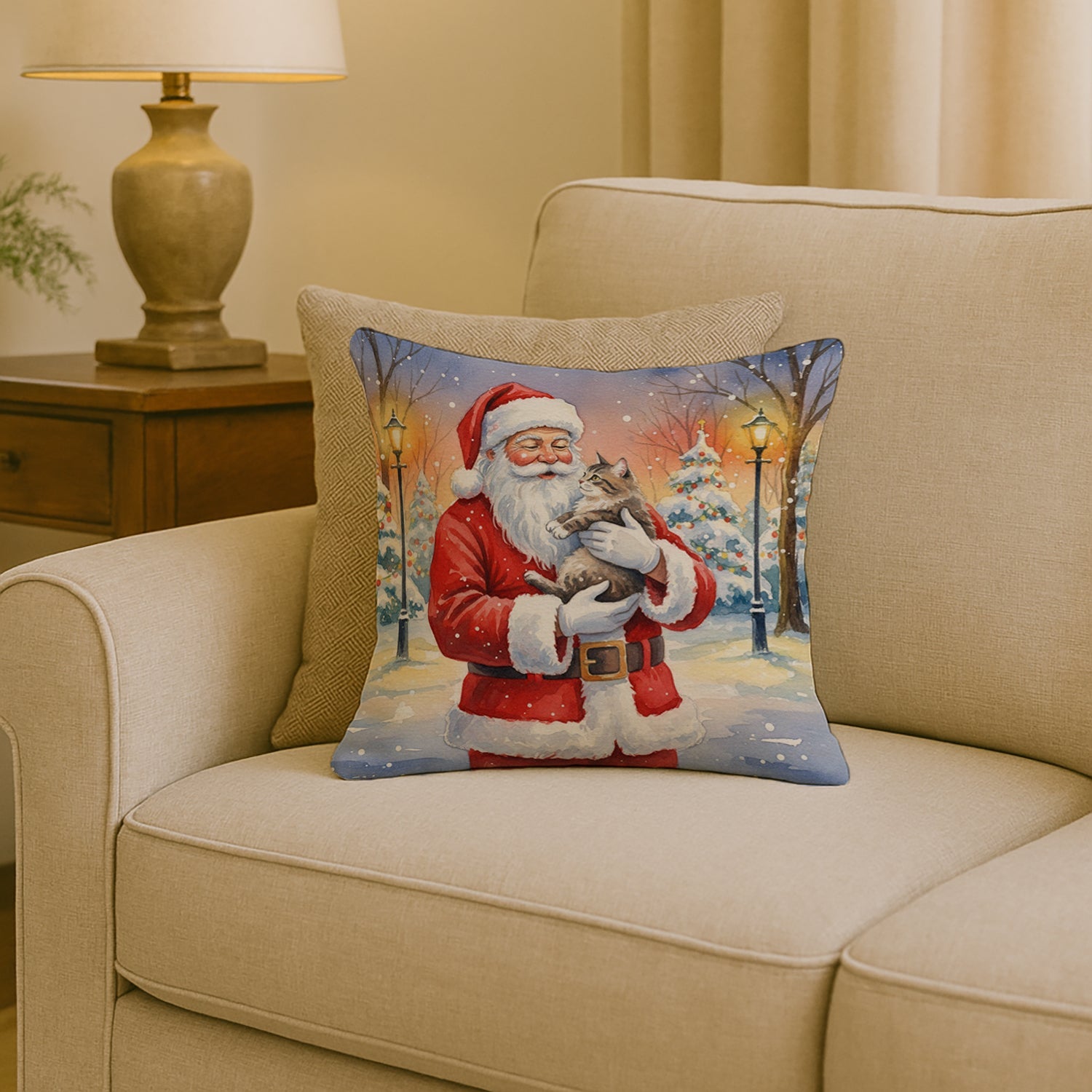 American Shorthair Cat with Santa Claus Decorative Throw Pillow 18x18 Indoor Outdoor Accent Cushion, Fabric Cover with Insert for Sofa, Bed, Porch & Living Room