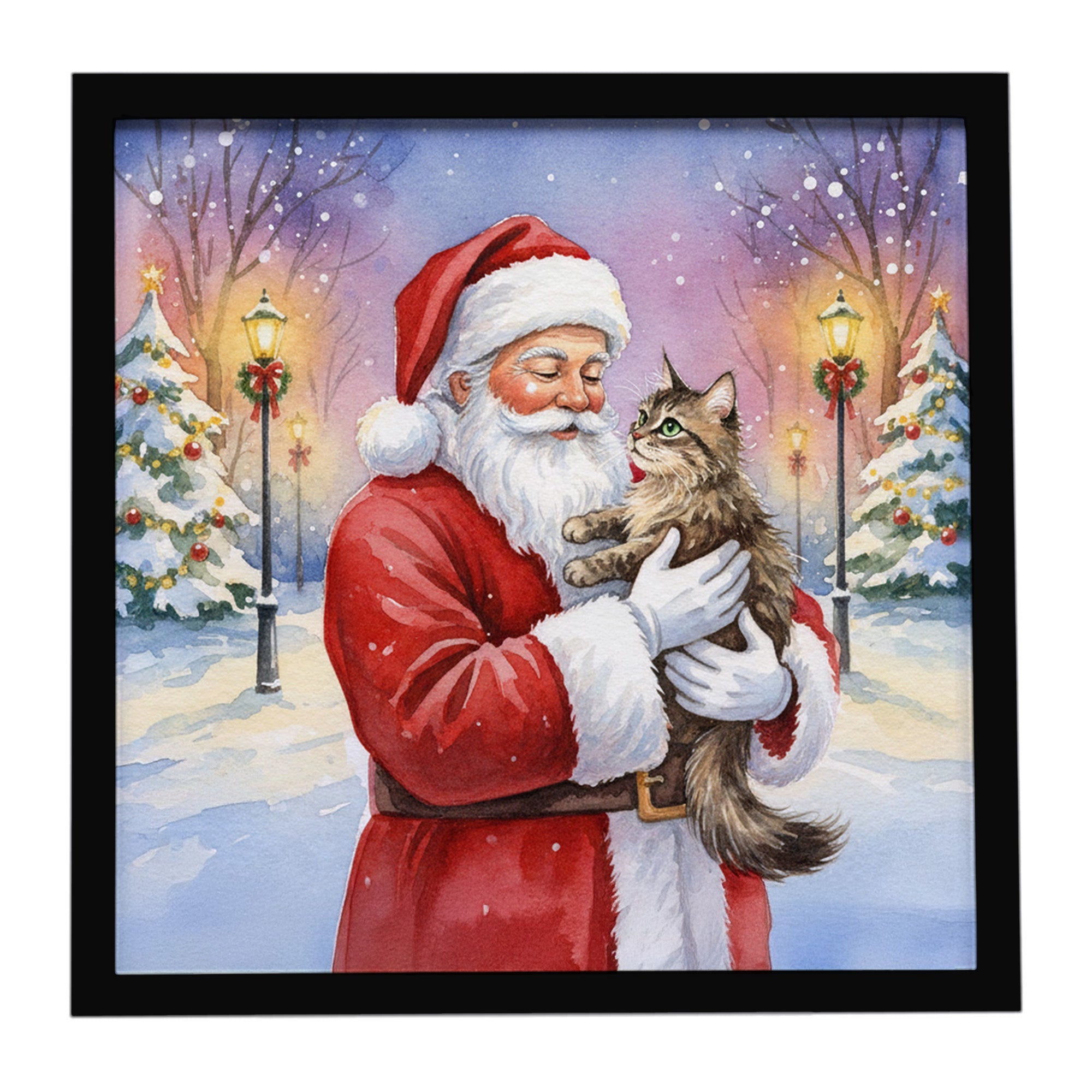 American Wirehair Cat with Santa Claus Framed Metal Print Bathroom, Kitchen, Office, Home Decor Wall Art Ready to Hang, Square, 8X8