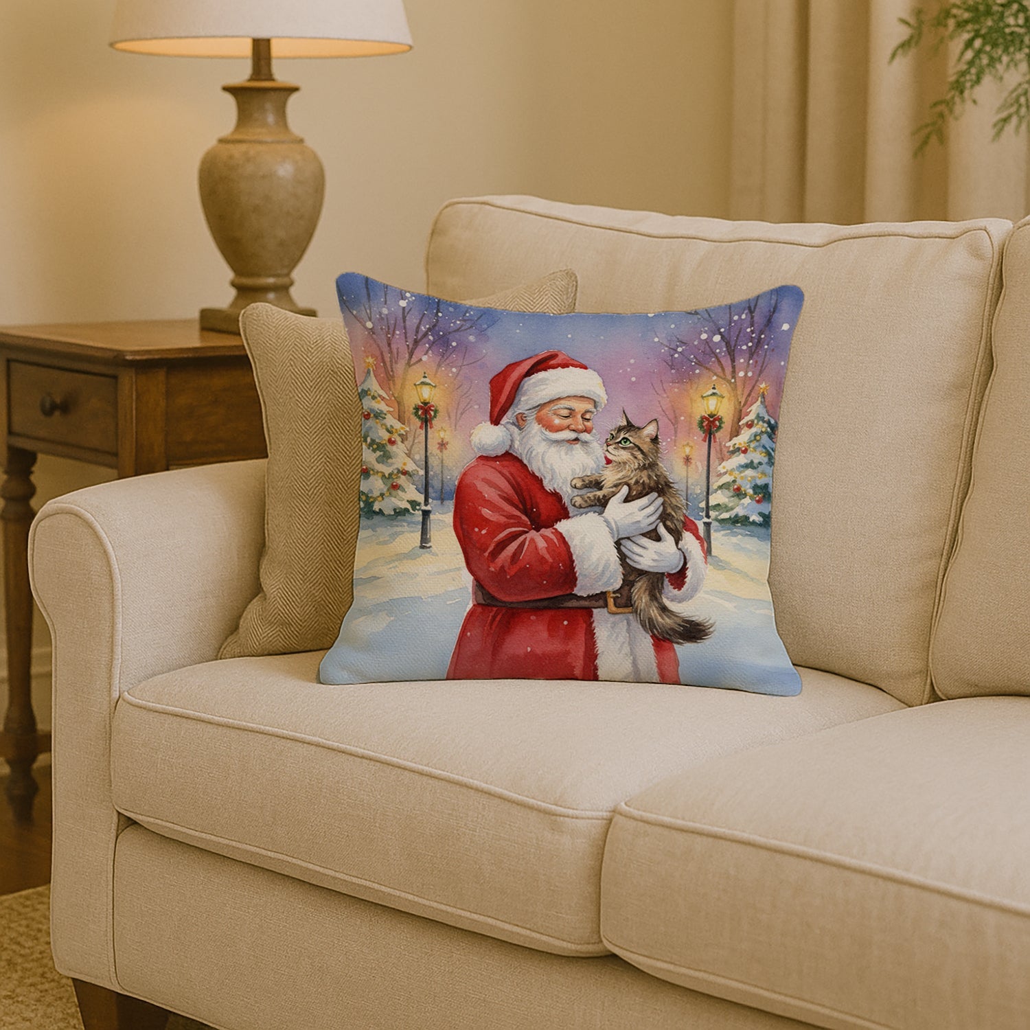 American Wirehair Cat with Santa Claus Decorative Throw Pillow 14x14 Indoor Outdoor Accent Cushion, Fabric Cover with Insert for Sofa, Bed, Porch & Living Room