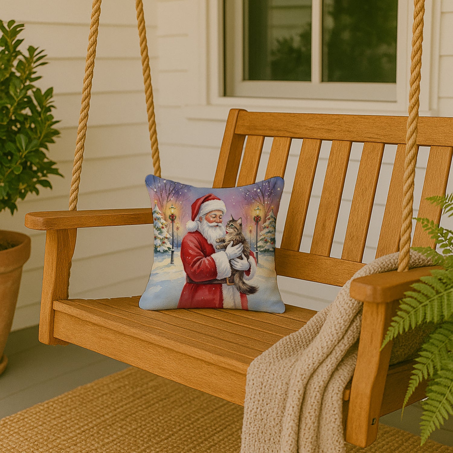 American Wirehair Cat with Santa Claus Decorative Throw Pillow 14x14 Indoor Outdoor Accent Cushion, Fabric Cover with Insert for Sofa, Bed, Porch & Living Room