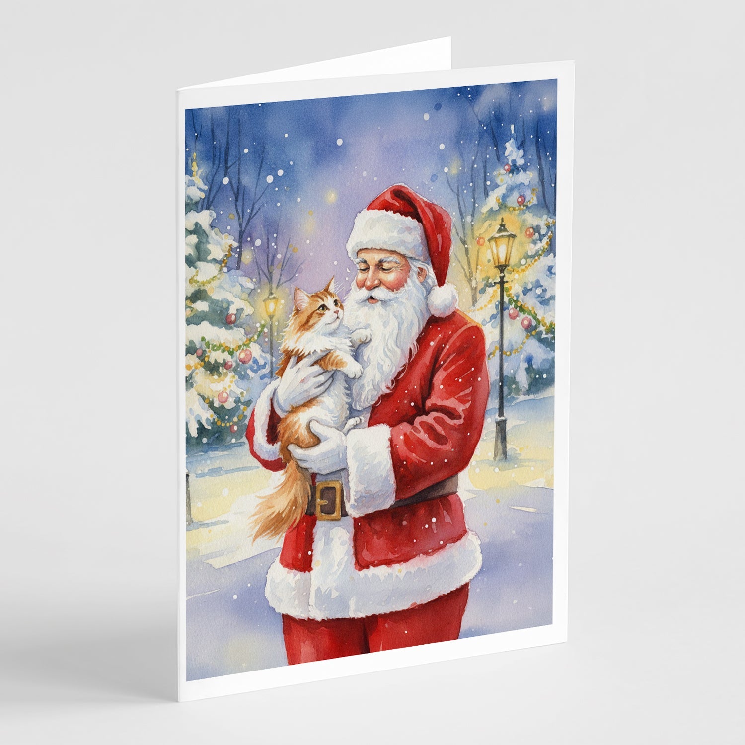 Asian Cat with Santa Claus Greeting Cards Pack of 8 Blank Cards with Envelopes Whimsical A7 Size 5x7