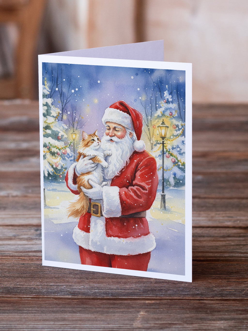 Asian Cat with Santa Claus Greeting Cards Pack of 8 Blank Cards with Envelopes Whimsical A7 Size 5x7