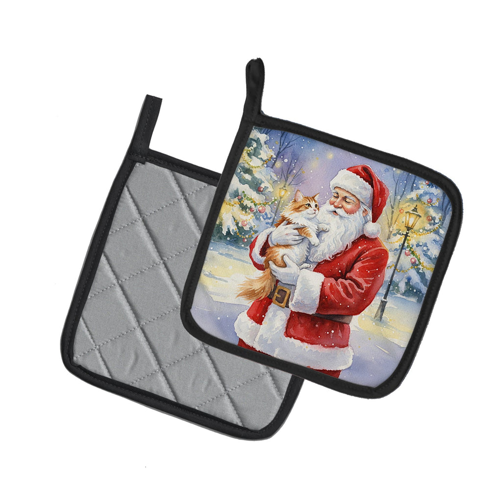 Asian Cat with Santa Claus Pot Holder Set of 2 Heat Resistant Quilted Hot Pads 7.5 x 7.5 Inch, Insulated Kitchen Trivets for Cooking & Baking