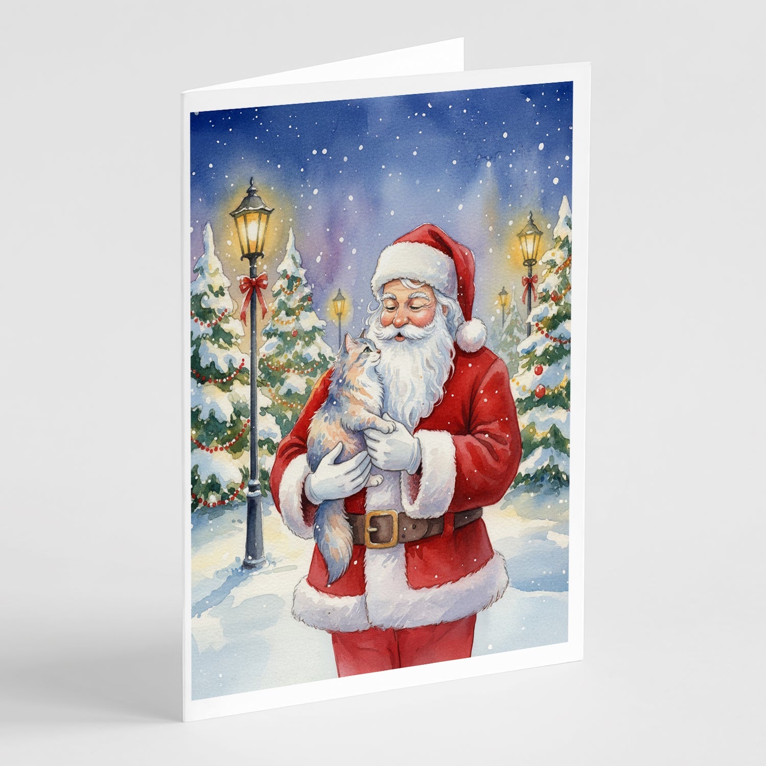 Australian Mist Cat with Santa Claus Greeting Cards Pack of 8 Blank Cards with Envelopes Whimsical A7 Size 5x7
