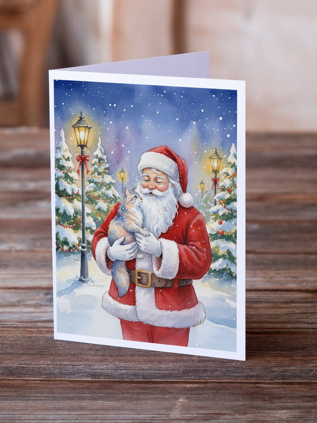 Australian Mist Cat with Santa Claus Greeting Cards Pack of 8 Blank Cards with Envelopes Whimsical A7 Size 5x7