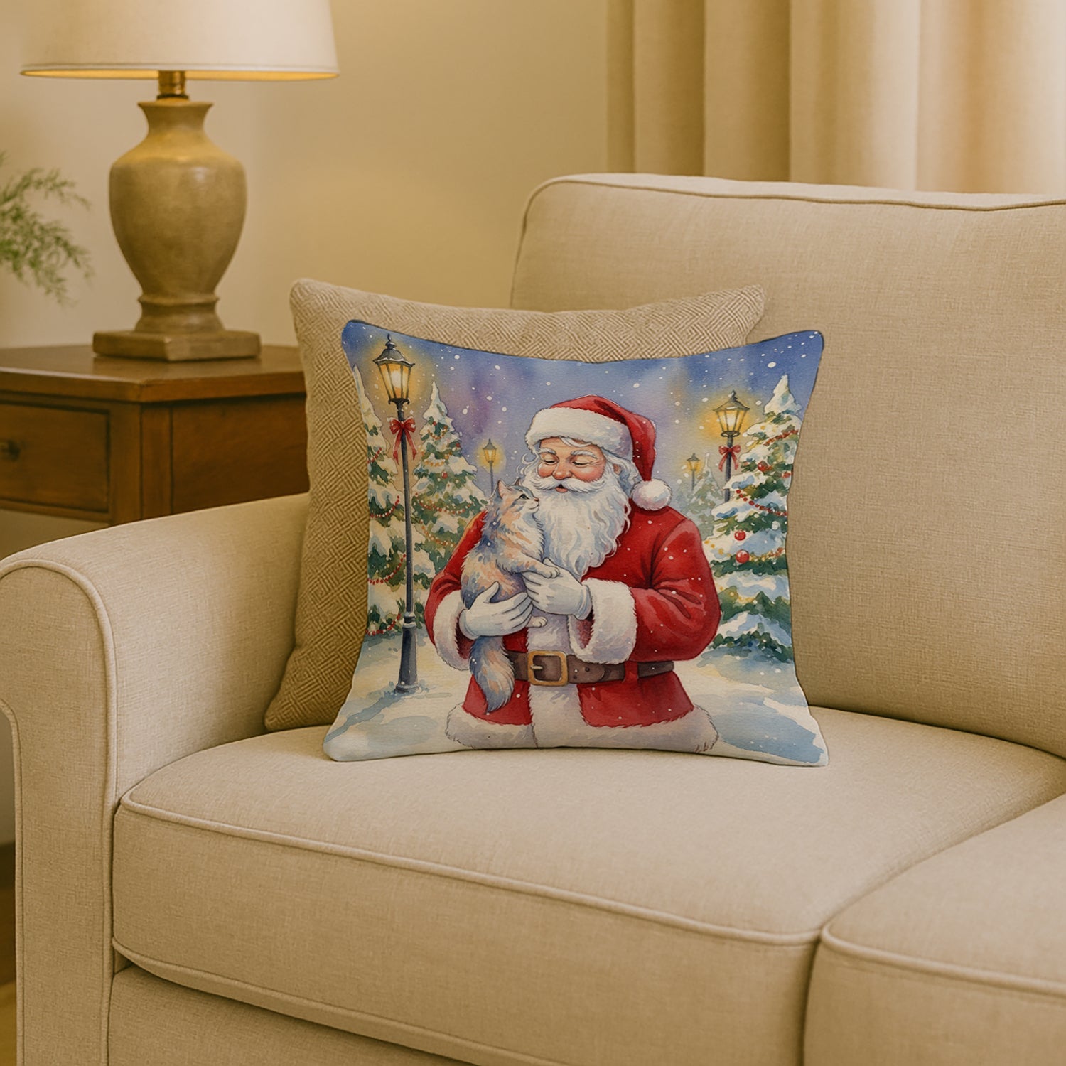 Australian Mist Cat with Santa Claus Decorative Throw Pillow 18x18 Indoor Outdoor Accent Cushion, Fabric Cover with Insert for Sofa, Bed, Porch & Living Room