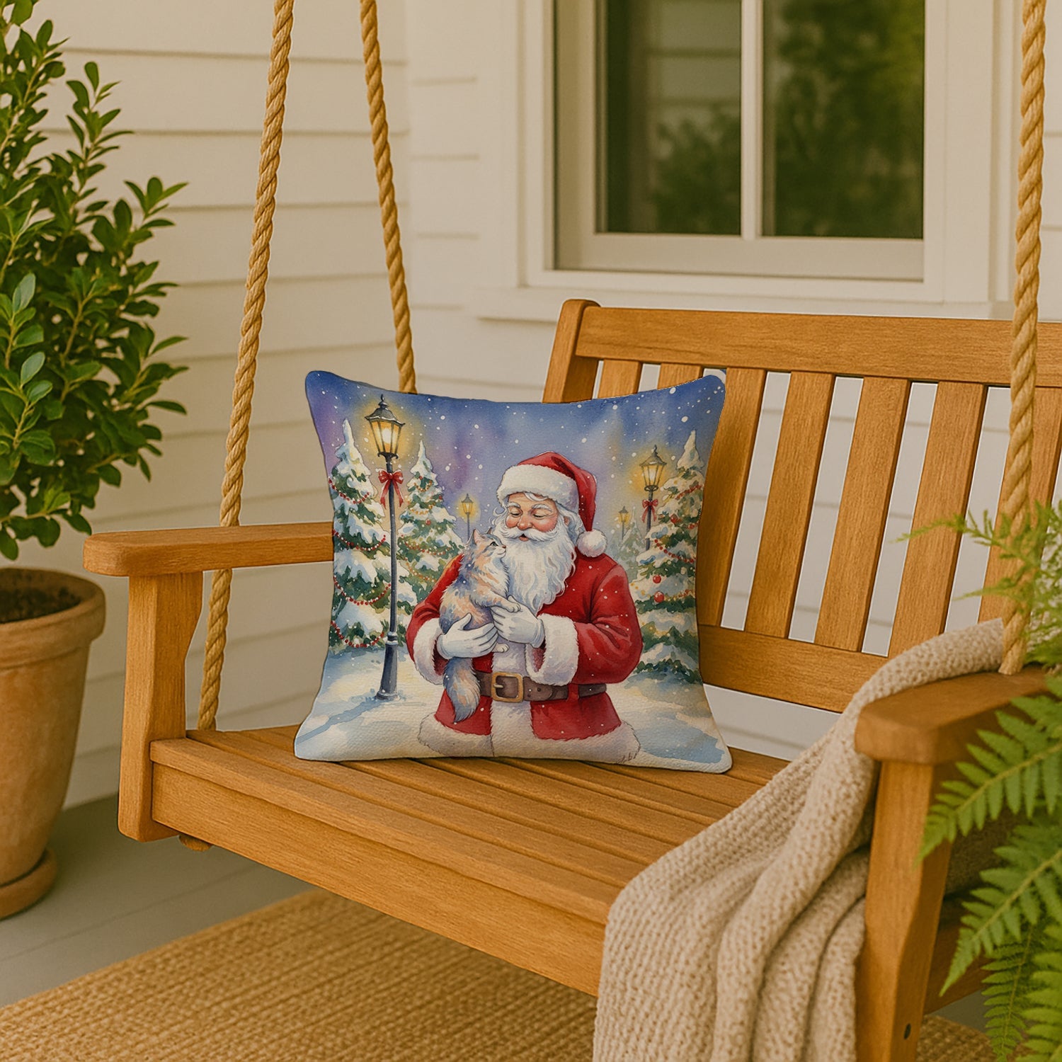 Australian Mist Cat with Santa Claus Decorative Throw Pillow 18x18 Indoor Outdoor Accent Cushion, Fabric Cover with Insert for Sofa, Bed, Porch & Living Room