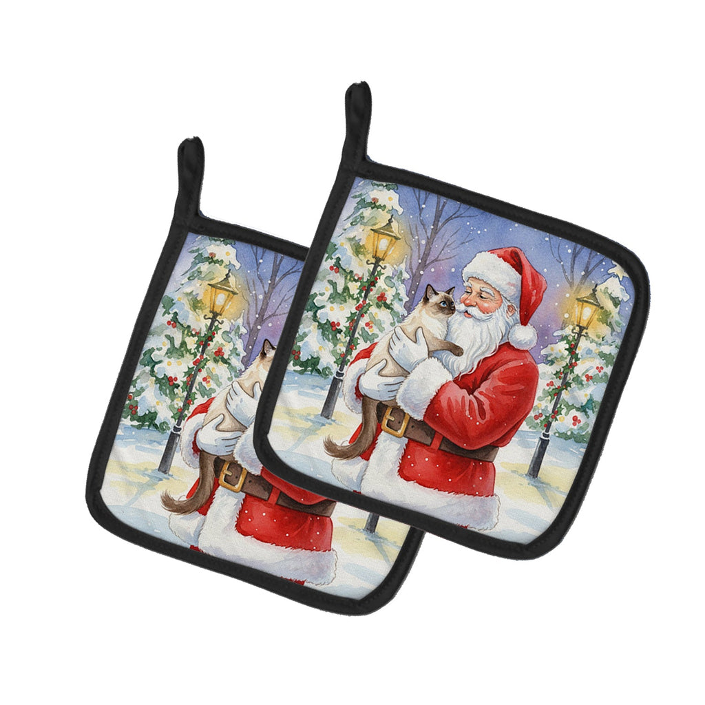 Balinese Cat with Santa Claus Pot Holder Set of 2 Heat Resistant Quilted Hot Pads 7.5 x 7.5 Inch, Insulated Kitchen Trivets for Cooking & Baking