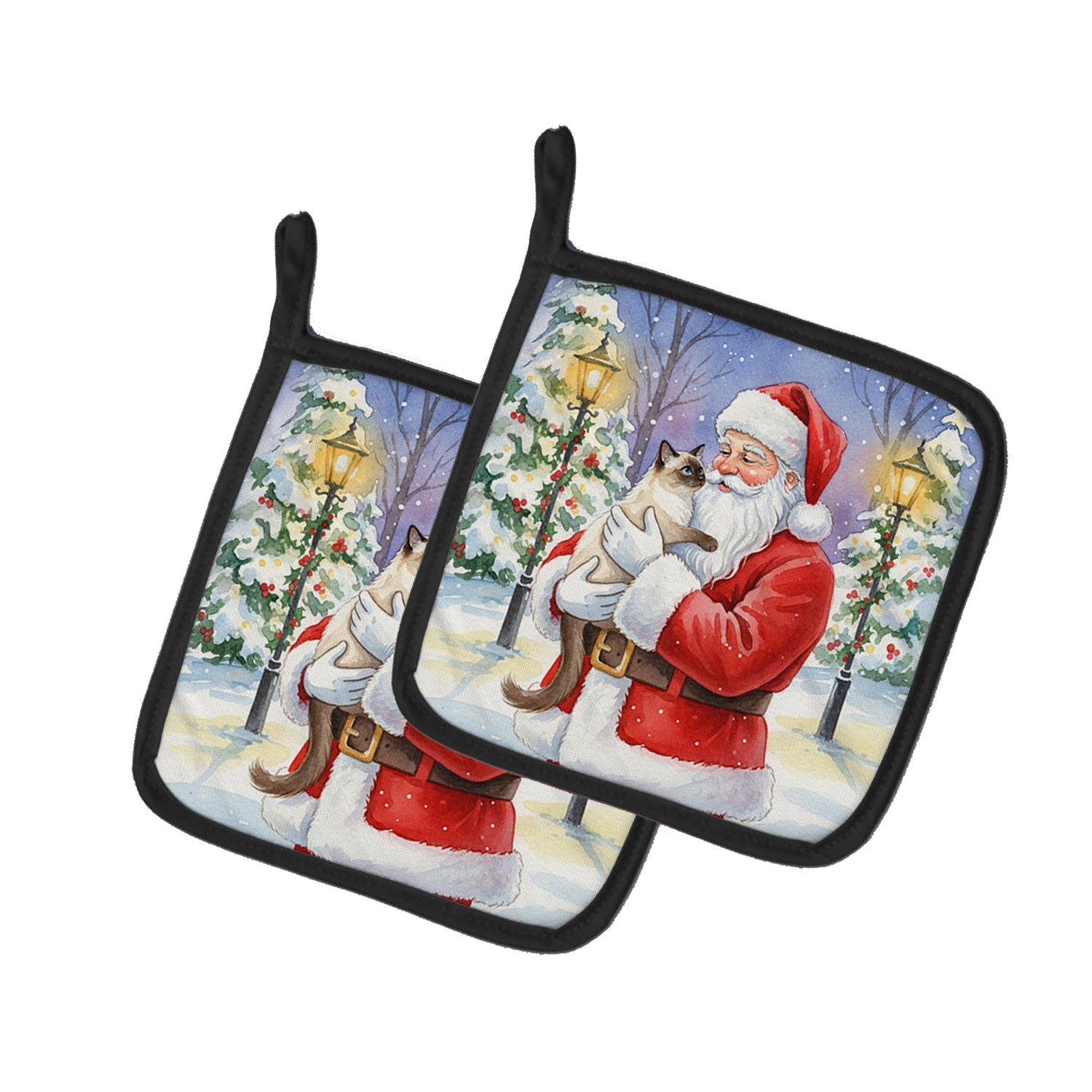 Balinese Cat with Santa Claus Pot Holder Set of 2 Heat Resistant Quilted Hot Pads 7.5 x 7.5 Inch, Insulated Kitchen Trivets for Cooking & Baking