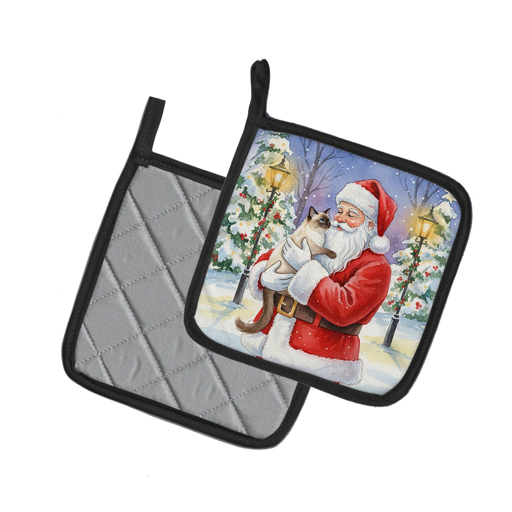 Balinese Cat with Santa Claus Pot Holder Set of 2 Heat Resistant Quilted Hot Pads 7.5 x 7.5 Inch, Insulated Kitchen Trivets for Cooking & Baking