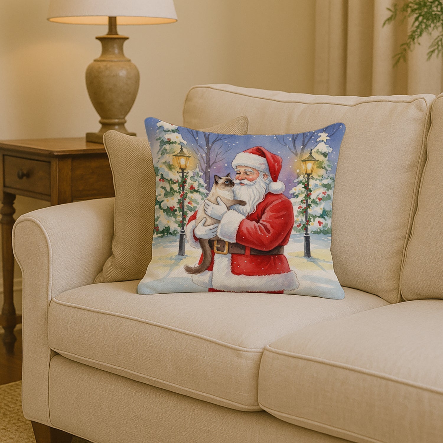 Balinese Cat with Santa Claus Decorative Throw Pillow 14x14 Indoor Outdoor Accent Cushion, Fabric Cover with Insert for Sofa, Bed, Porch & Living Room