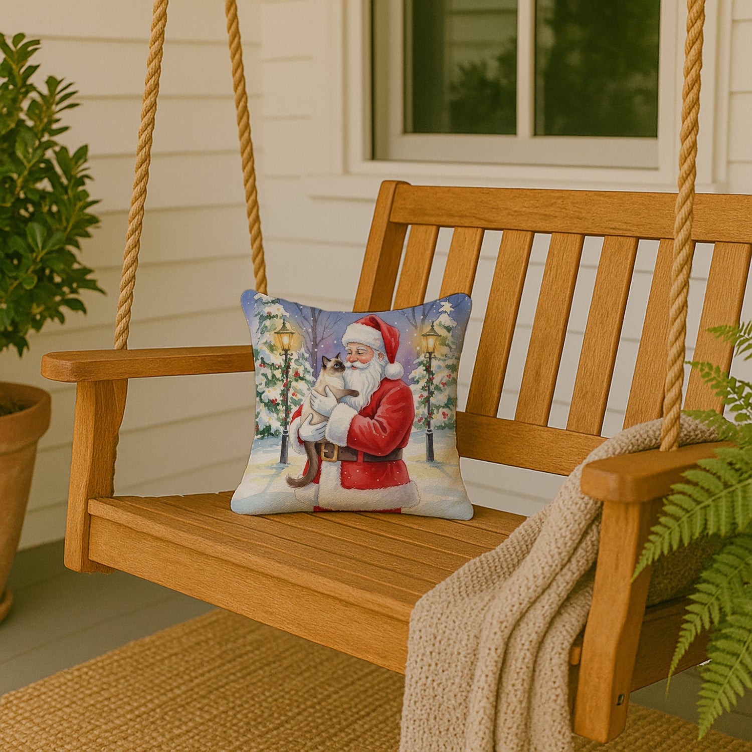 Balinese Cat with Santa Claus Decorative Throw Pillow 14x14 Indoor Outdoor Accent Cushion, Fabric Cover with Insert for Sofa, Bed, Porch & Living Room