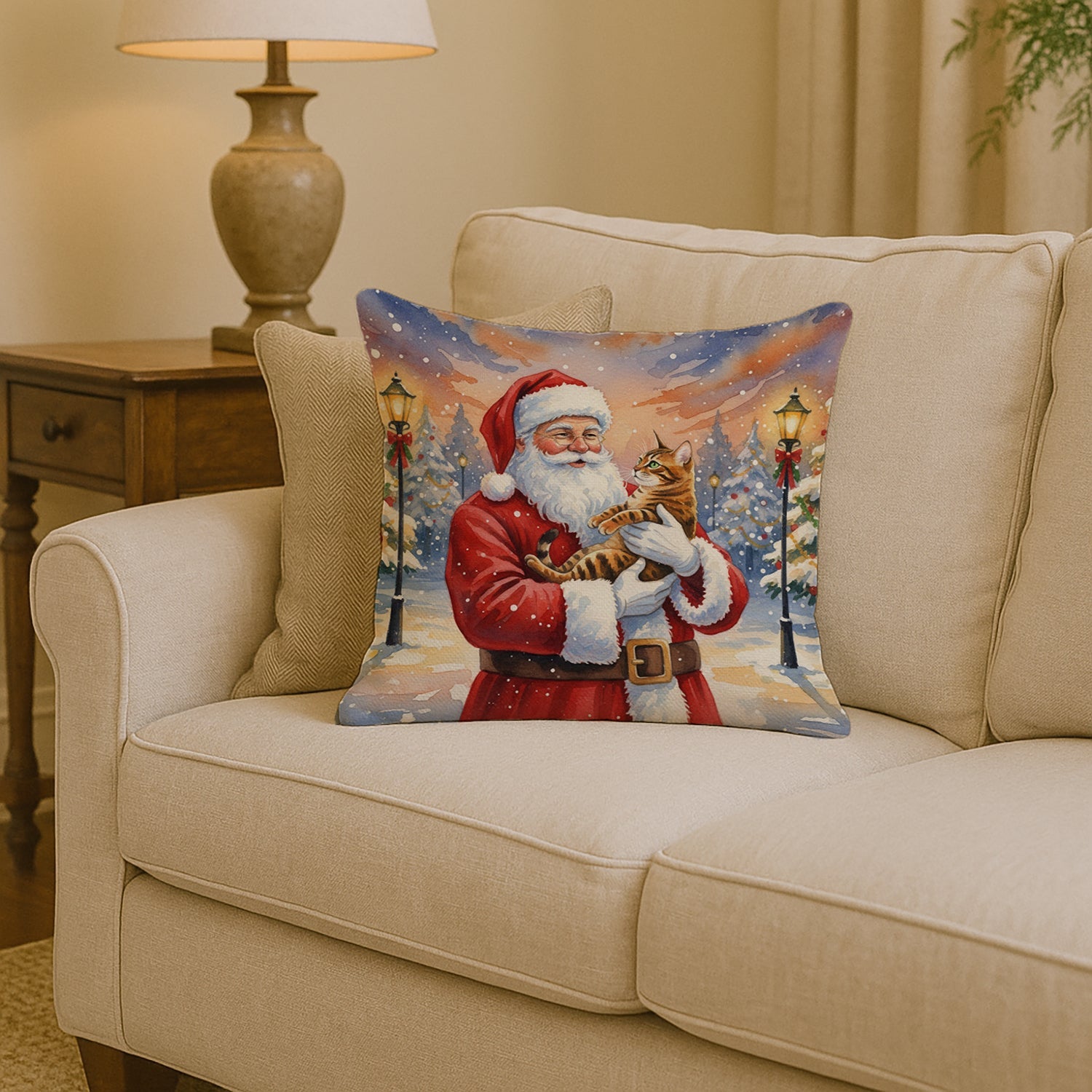 Bengal Cat with Santa Claus Decorative Throw Pillow 14x14 Indoor Outdoor Accent Cushion, Fabric Cover with Insert for Sofa, Bed, Porch & Living Room