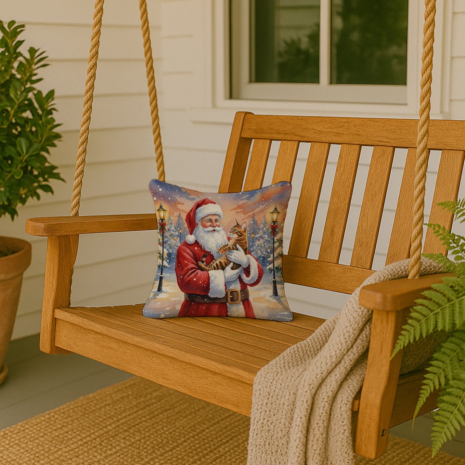 Bengal Cat with Santa Claus Decorative Throw Pillow 14x14 Indoor Outdoor Accent Cushion, Fabric Cover with Insert for Sofa, Bed, Porch & Living Room