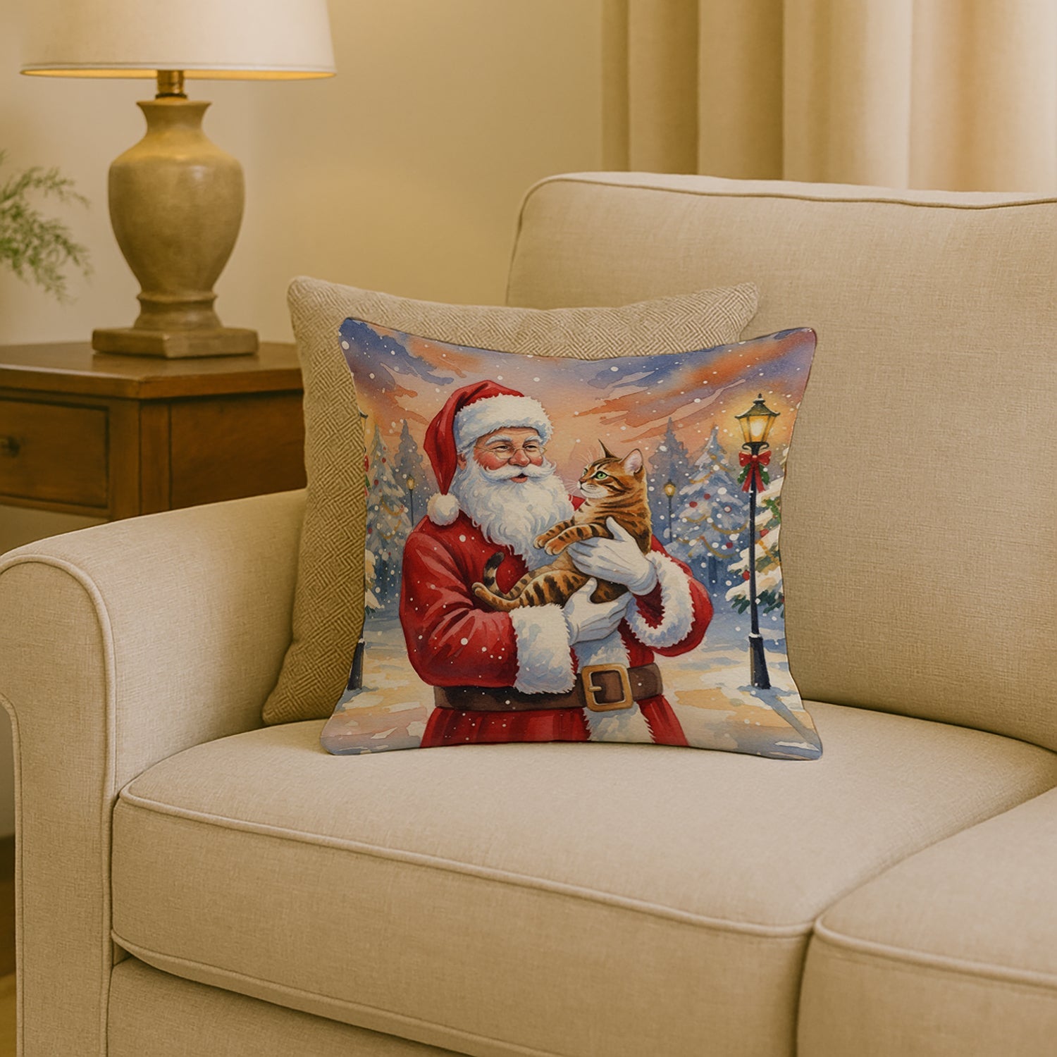 Bengal Cat with Santa Claus Decorative Throw Pillow 18x18 Indoor Outdoor Accent Cushion, Fabric Cover with Insert for Sofa, Bed, Porch & Living Room