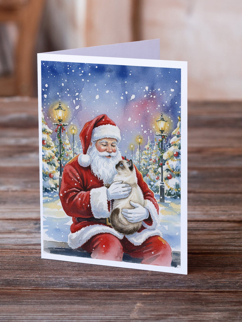 Birman Cat with Santa Claus Greeting Cards Pack of 8 Blank Cards with Envelopes Whimsical A7 Size 5x7