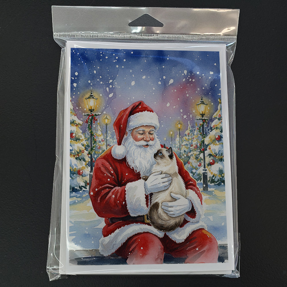 Birman Cat with Santa Claus Greeting Cards Pack of 8 Blank Cards with Envelopes Whimsical A7 Size 5x7