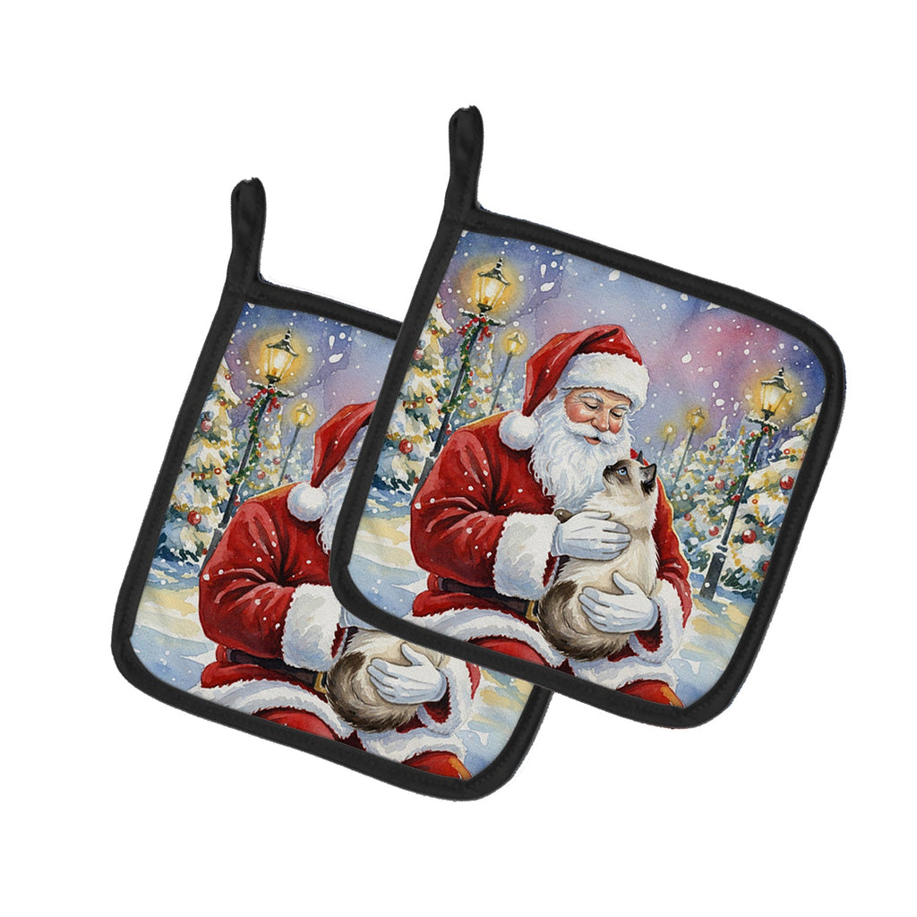 Birman Cat with Santa Claus Pot Holder Set of 2 Heat Resistant Quilted Hot Pads 7.5 x 7.5 Inch, Insulated Kitchen Trivets for Cooking & Baking
