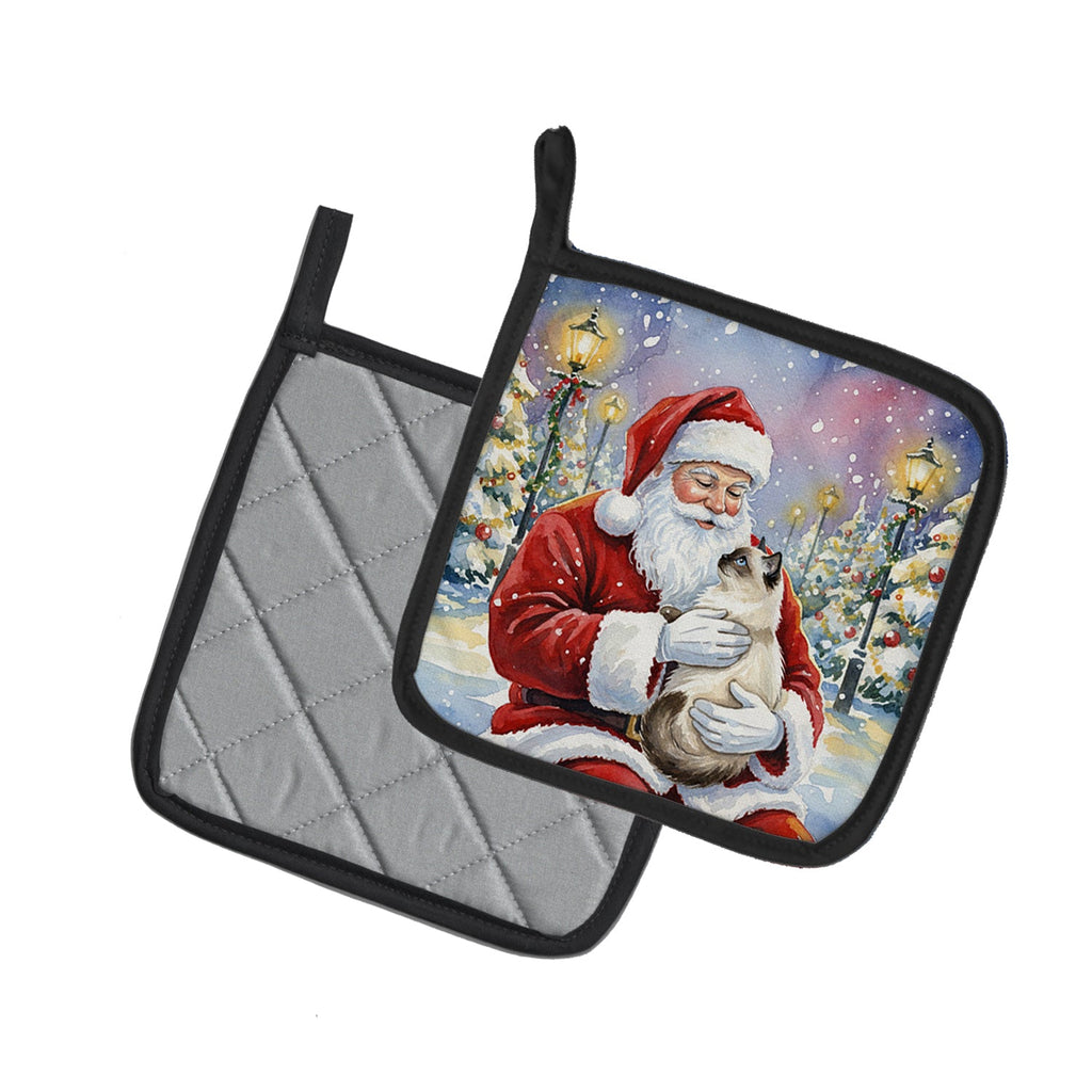 Birman Cat with Santa Claus Pot Holder Set of 2 Heat Resistant Quilted Hot Pads 7.5 x 7.5 Inch, Insulated Kitchen Trivets for Cooking & Baking