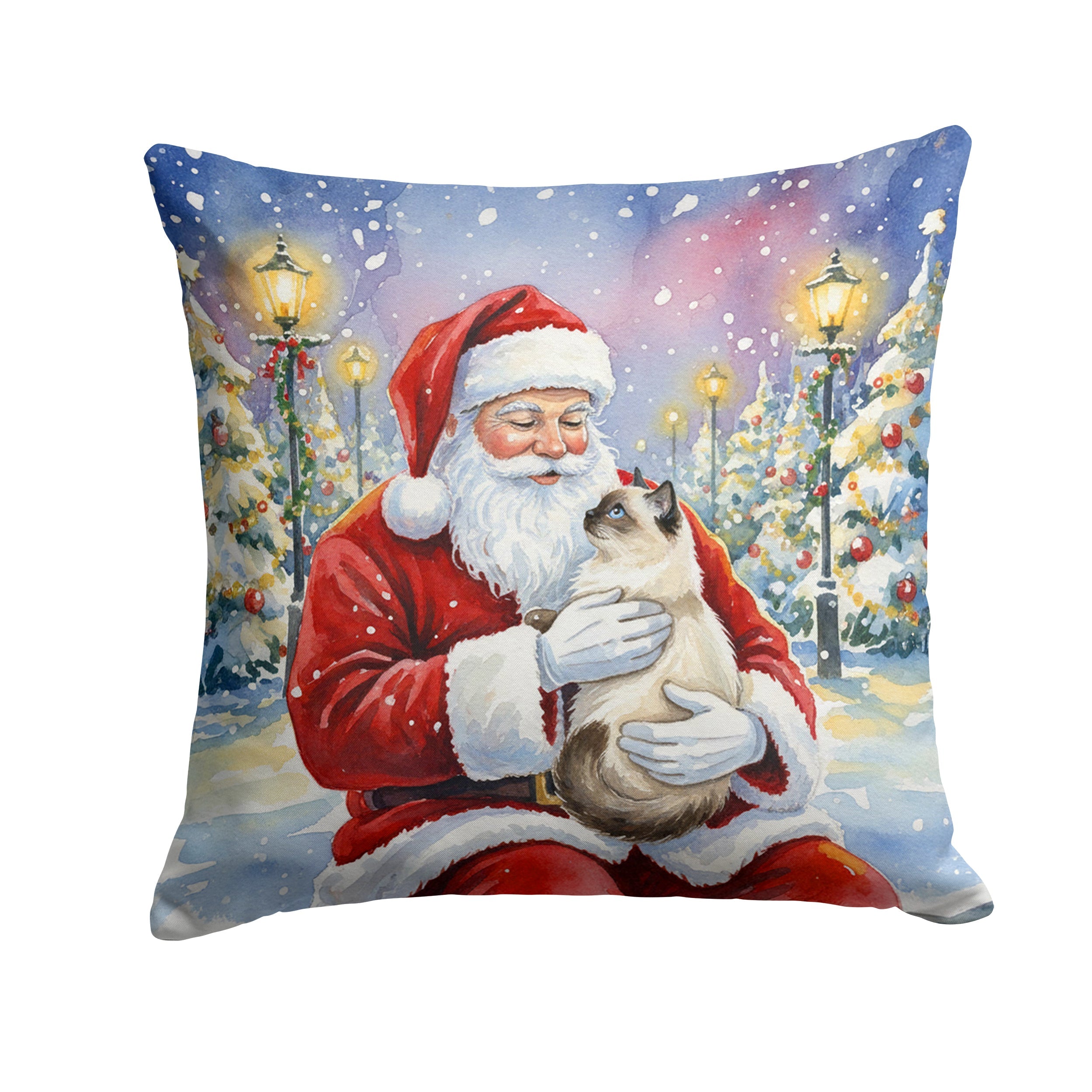 Birman Cat with Santa Claus Decorative Throw Pillow 14x14 Indoor Outdoor Accent Cushion, Fabric Cover with Insert for Sofa, Bed, Porch & Living Room