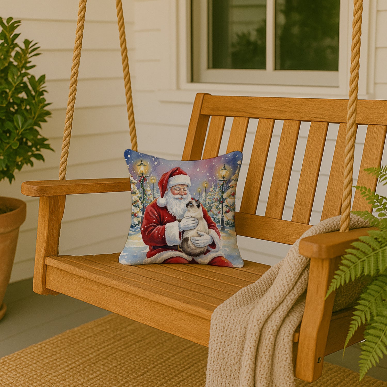 Birman Cat with Santa Claus Decorative Throw Pillow 14x14 Indoor Outdoor Accent Cushion, Fabric Cover with Insert for Sofa, Bed, Porch & Living Room