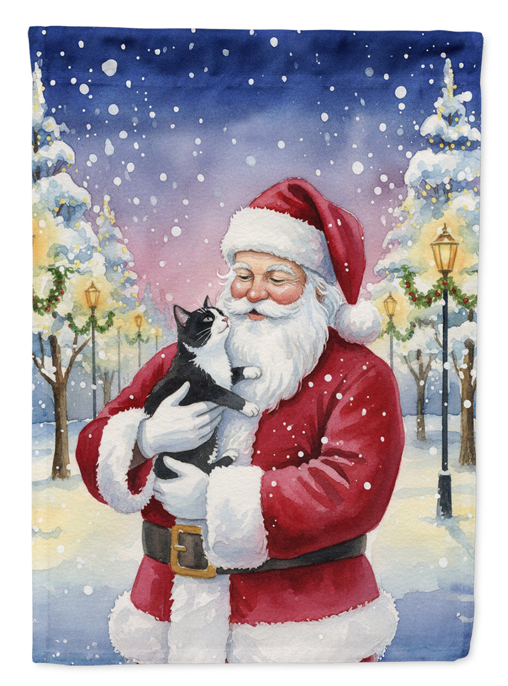 Black & White Tuxedo Cat with Santa Claus House Flag 28x40 Porch Sleeve Pole Decorative Outside Yard Banner Artwork Wall Hanging, Polyester