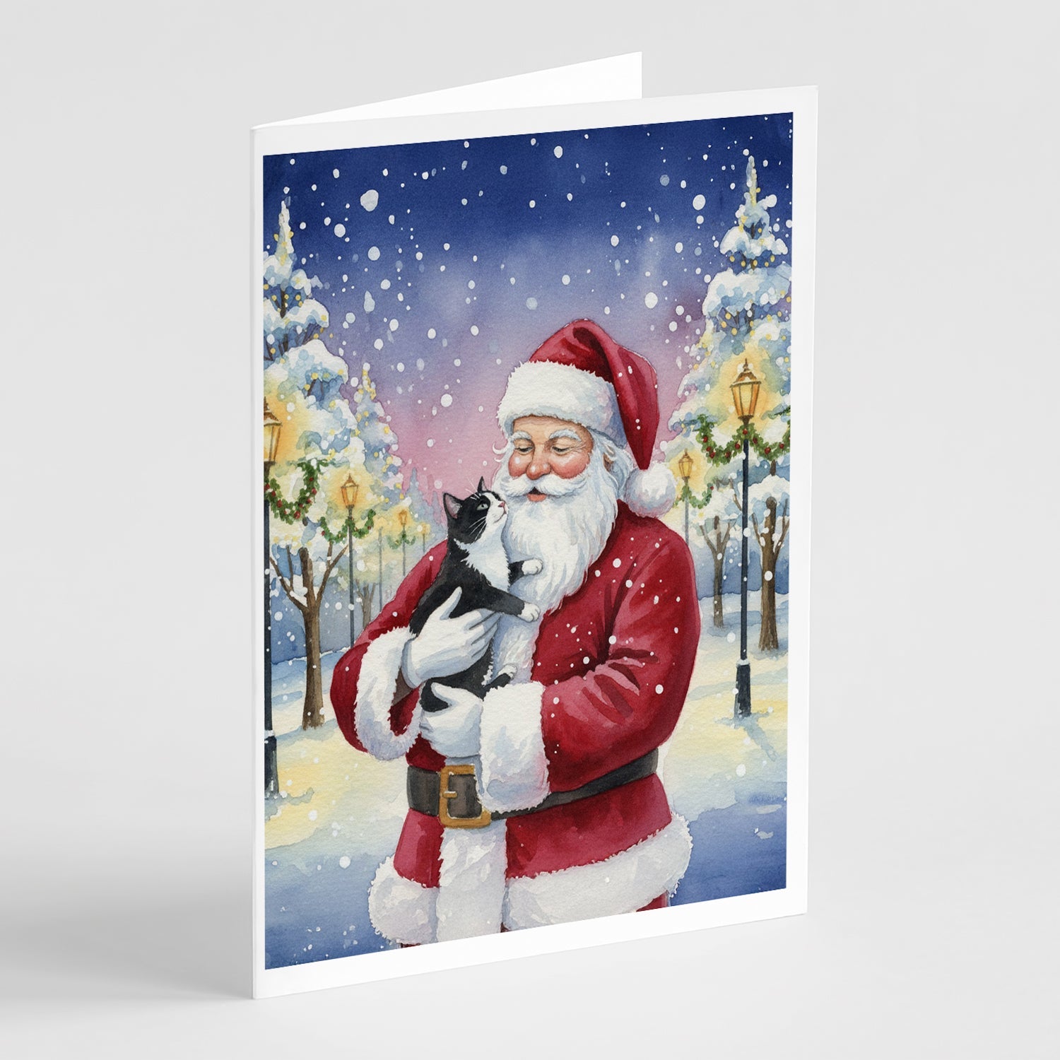 Black & White Tuxedo Cat with Santa Claus Greeting Cards Pack of 8 Blank Cards with Envelopes Whimsical A7 Size 5x7