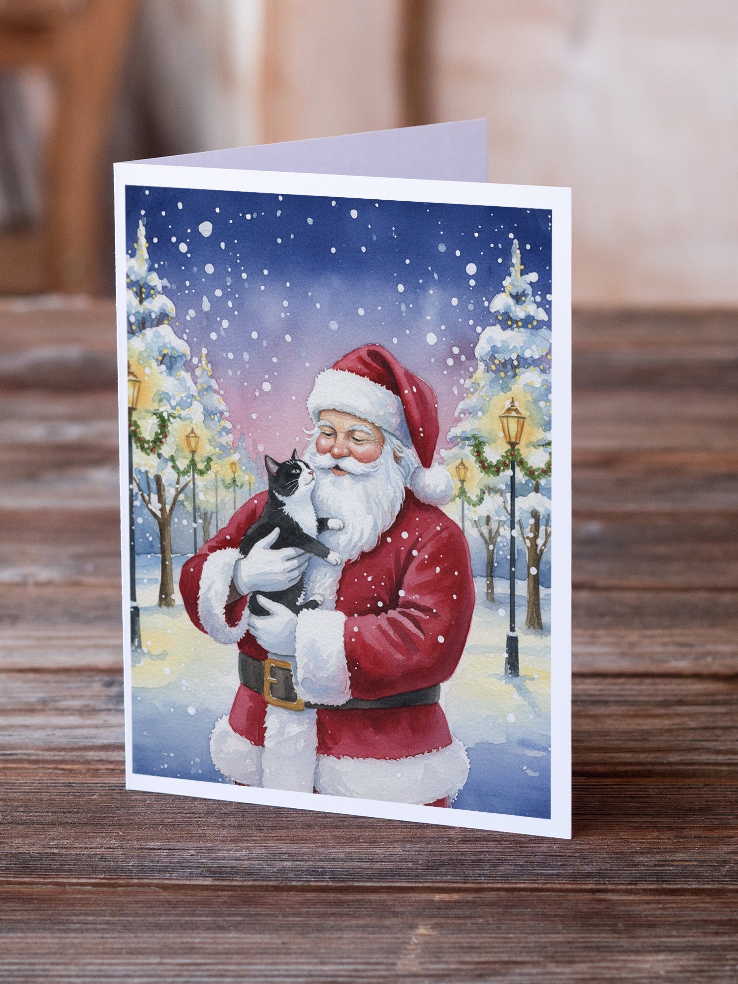 Black & White Tuxedo Cat with Santa Claus Greeting Cards Pack of 8 Blank Cards with Envelopes Whimsical A7 Size 5x7