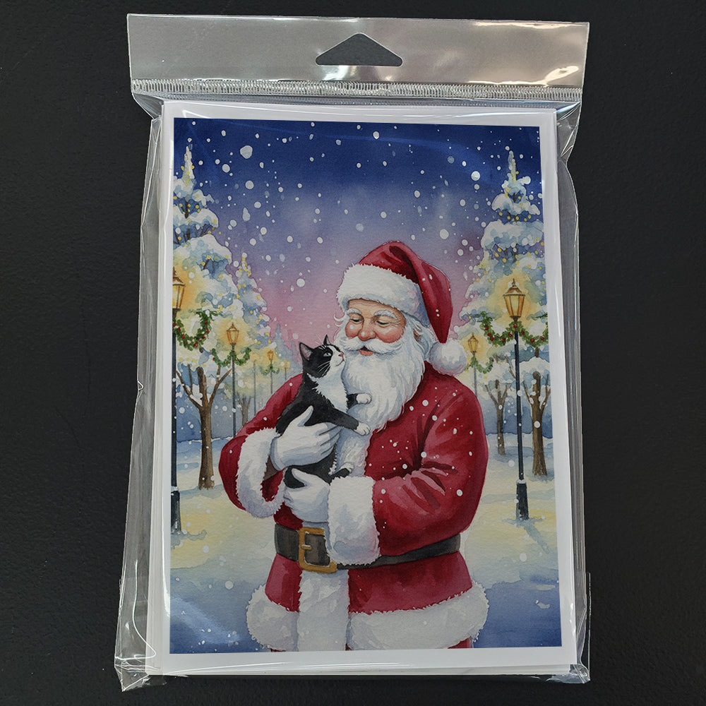 Black & White Tuxedo Cat with Santa Claus Greeting Cards Pack of 8 Blank Cards with Envelopes Whimsical A7 Size 5x7
