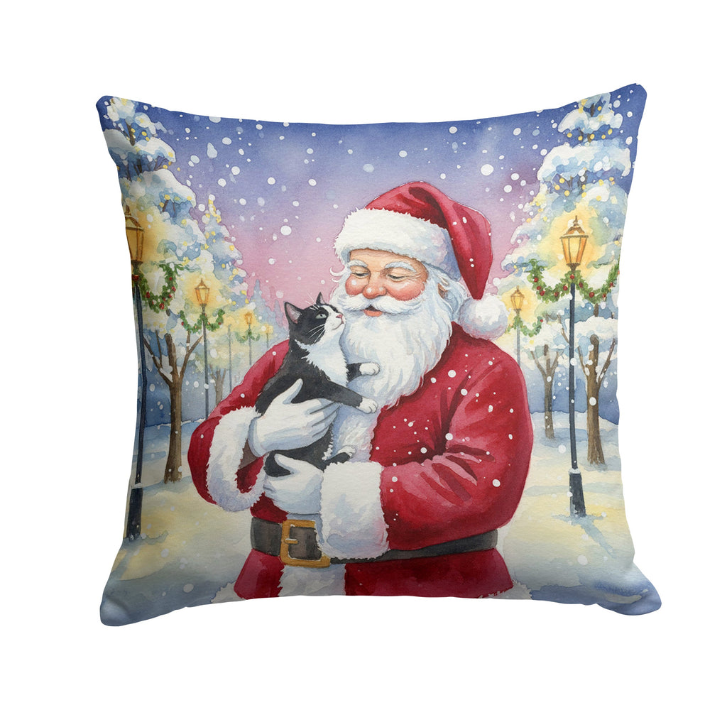 Black & White Tuxedo Cat with Santa Claus Decorative Throw Pillow 14x14 Indoor Outdoor Accent Cushion, Fabric Cover with Insert for Sofa, Bed, Porch & Living Room