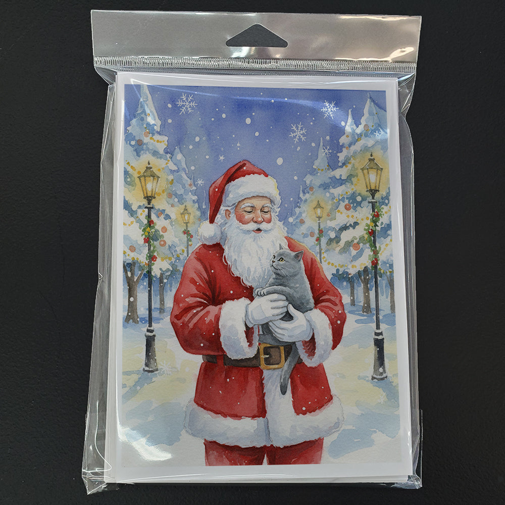 British Shorthair Cat with Santa Claus Greeting Cards Pack of 8 Blank Cards with Envelopes Whimsical A7 Size 5x7