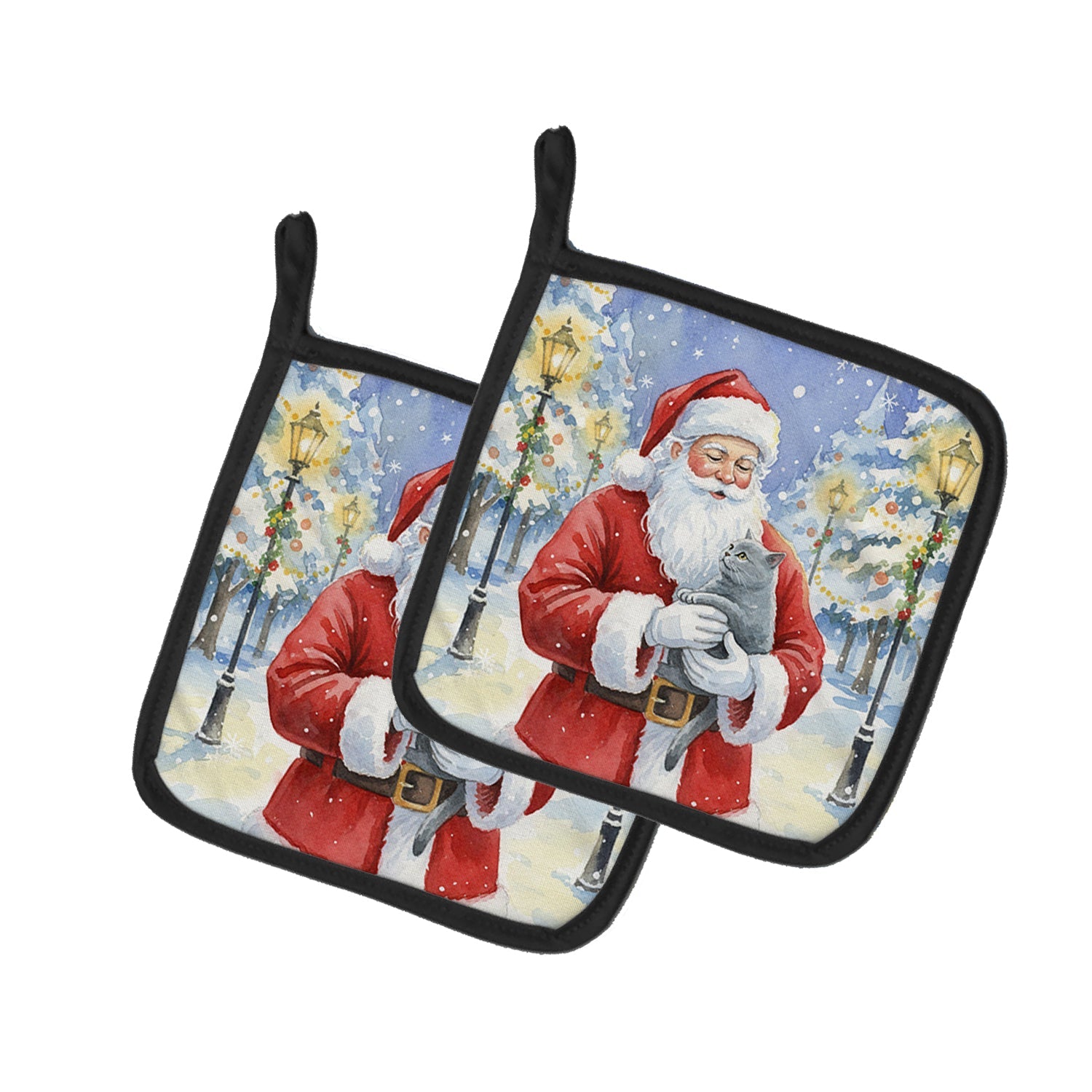 British Shorthair Cat with Santa Claus Pot Holder Set of 2 Heat Resistant Quilted Hot Pads 7.5 x 7.5 Inch, Insulated Kitchen Trivets for Cooking & Baking