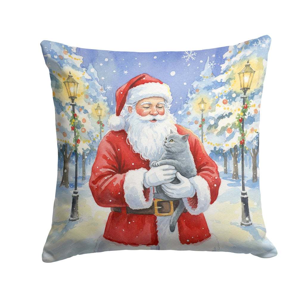 British Shorthair Cat with Santa Claus Decorative Throw Pillow 14x14 Indoor Outdoor Accent Cushion, Fabric Cover with Insert for Sofa, Bed, Porch & Living Room