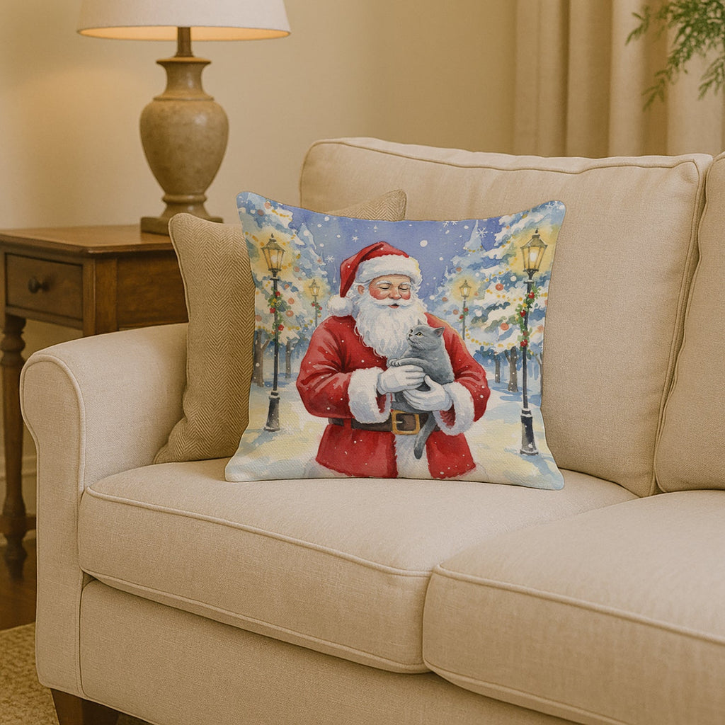 British Shorthair Cat with Santa Claus Decorative Throw Pillow 14x14 Indoor Outdoor Accent Cushion, Fabric Cover with Insert for Sofa, Bed, Porch & Living Room