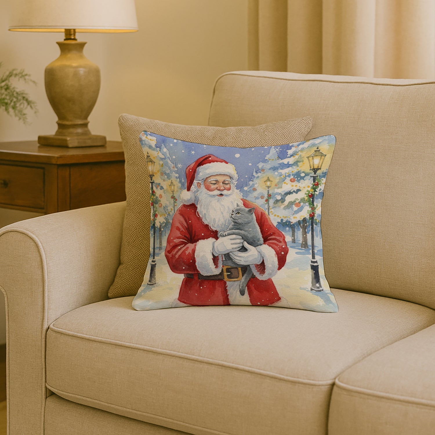 British Shorthair Cat with Santa Claus Decorative Throw Pillow 18x18 Indoor Outdoor Accent Cushion, Fabric Cover with Insert for Sofa, Bed, Porch & Living Room