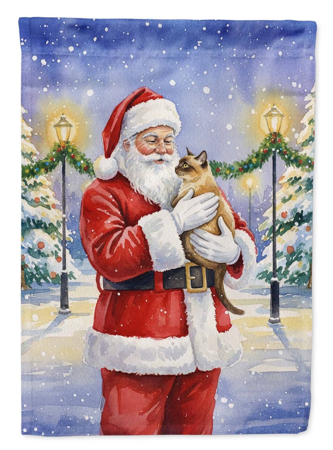 Burmese Cat with Santa Claus House Flag 28x40 Porch Sleeve Pole Decorative Outside Yard Banner Artwork Wall Hanging, Polyester