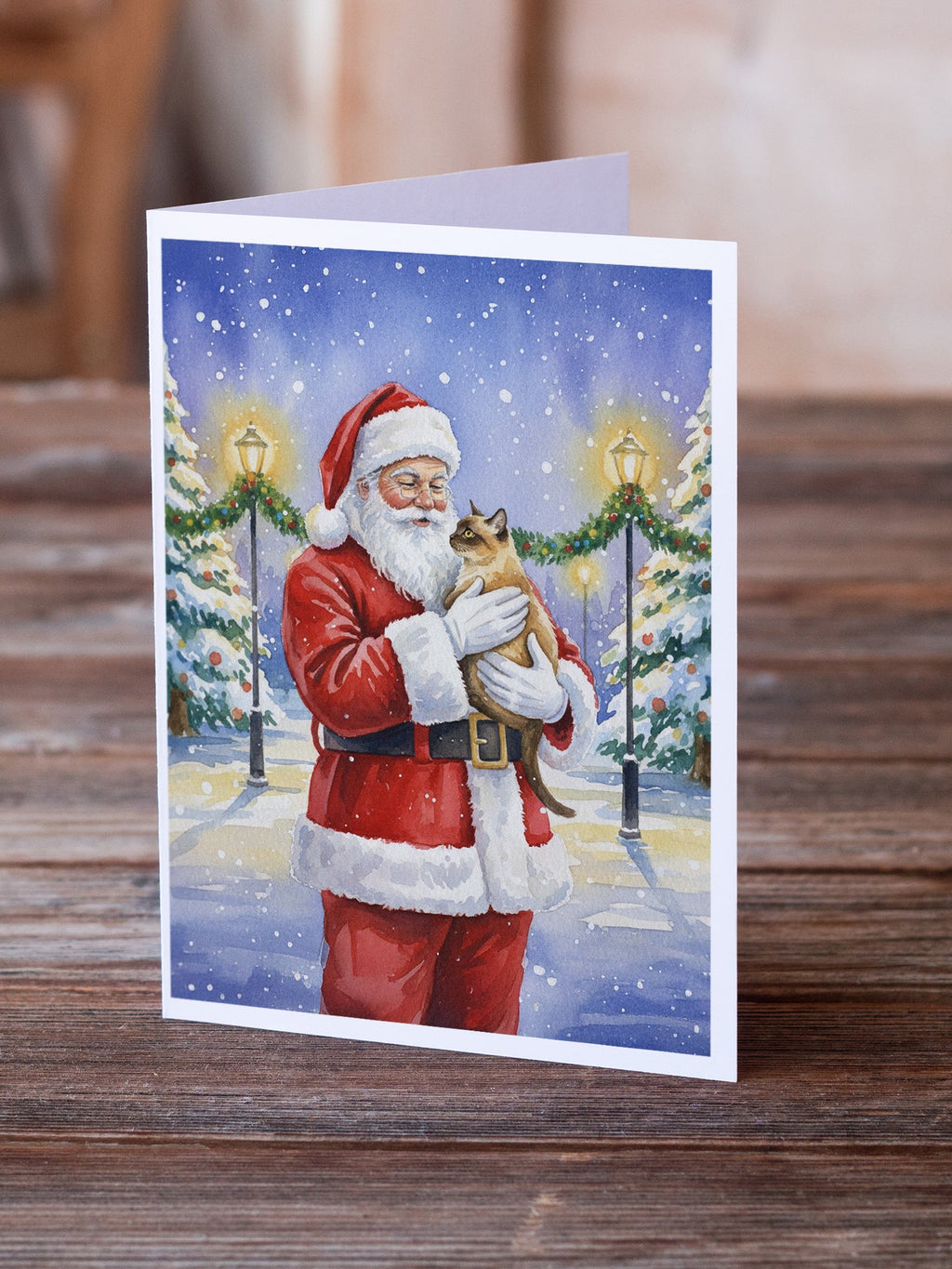Burmese Cat with Santa Claus Greeting Cards Pack of 8 Blank Cards with Envelopes Whimsical A7 Size 5x7