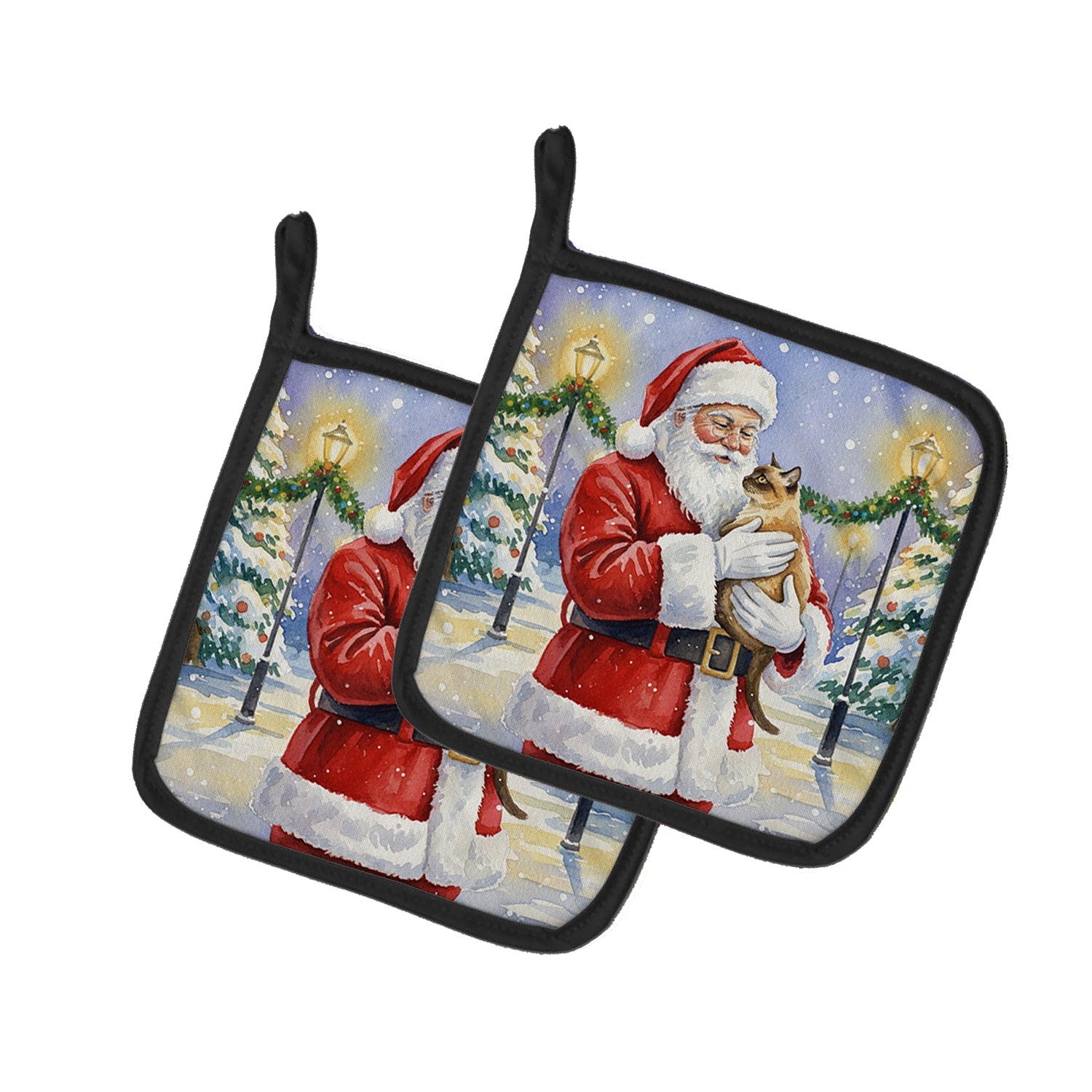 Burmese Cat with Santa Claus Pot Holder Set of 2 Heat Resistant Quilted Hot Pads 7.5 x 7.5 Inch, Insulated Kitchen Trivets for Cooking & Baking