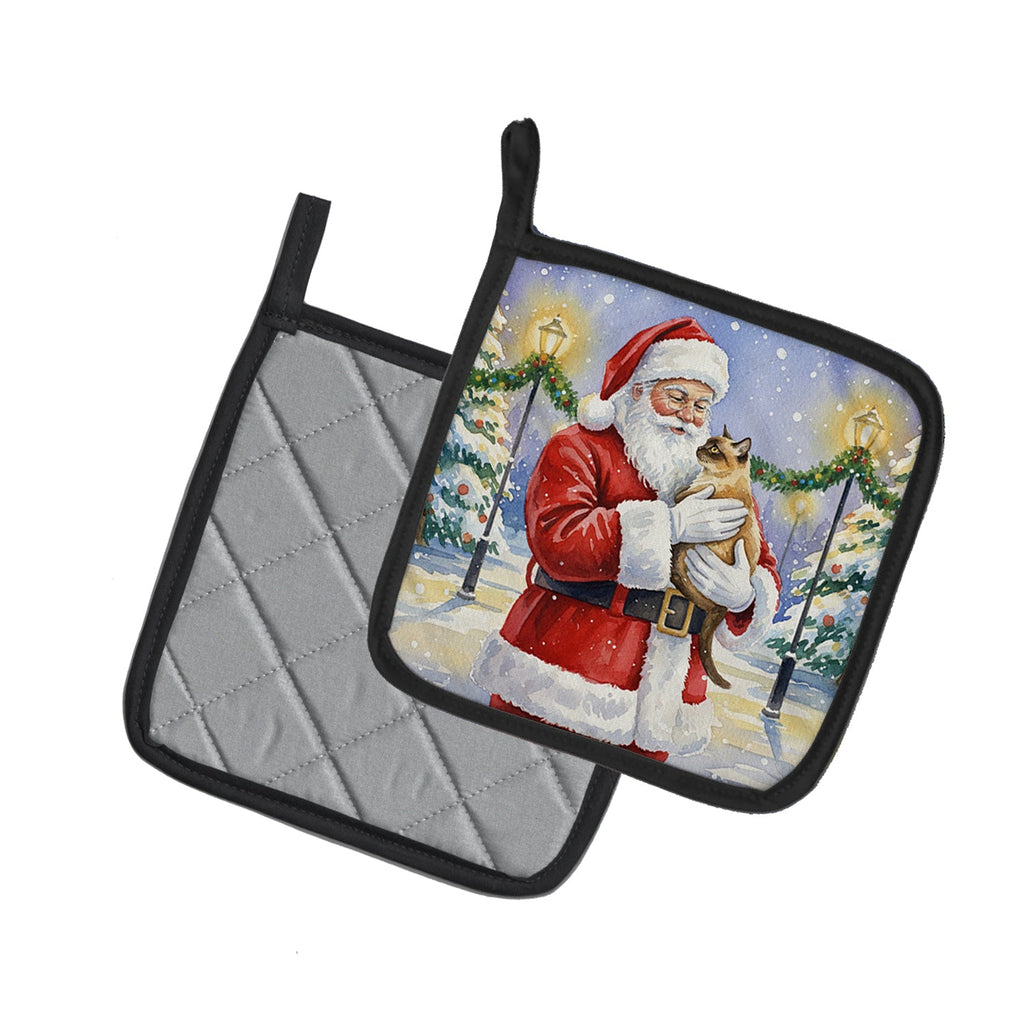 Burmese Cat with Santa Claus Pot Holder Set of 2 Heat Resistant Quilted Hot Pads 7.5 x 7.5 Inch, Insulated Kitchen Trivets for Cooking & Baking