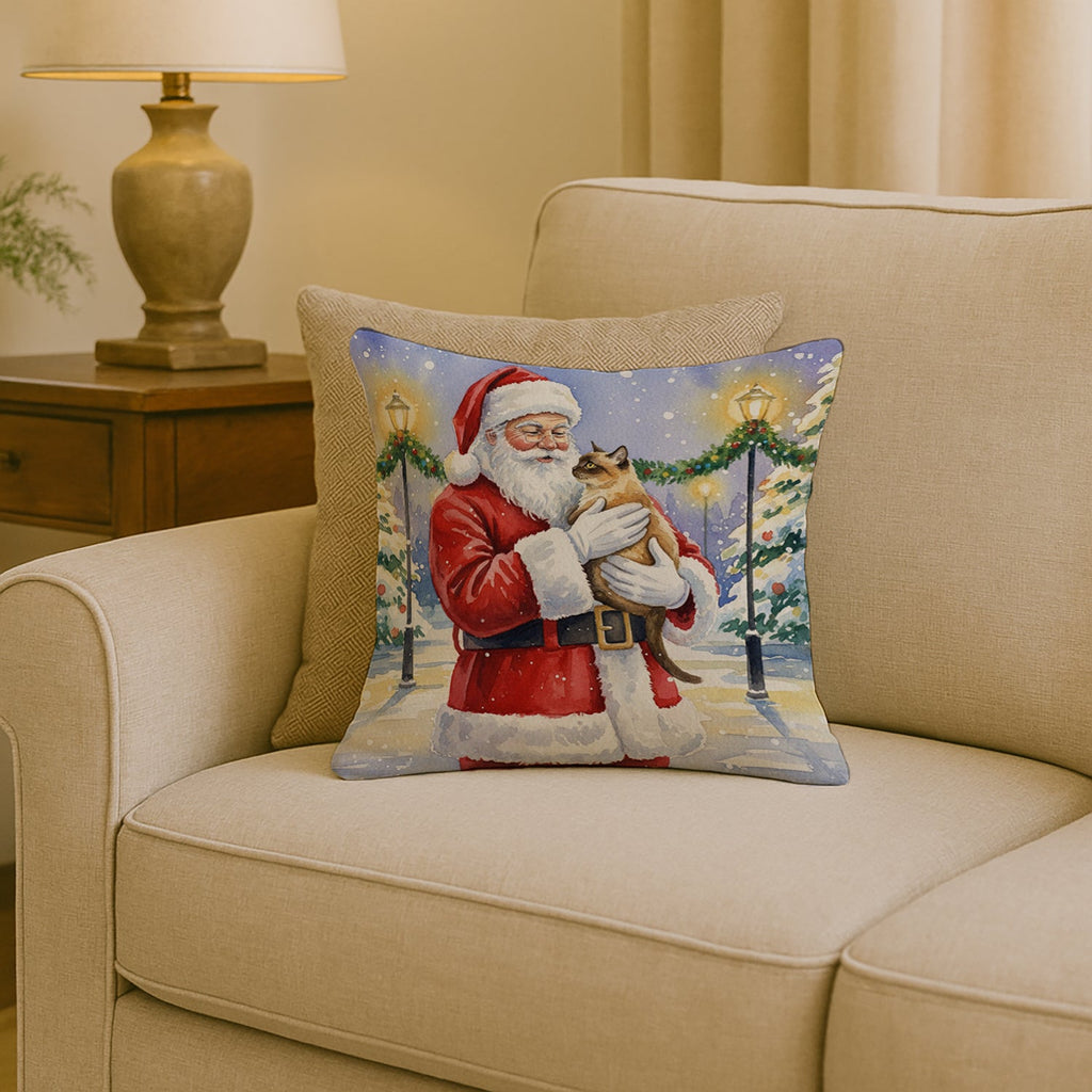 Burmese Cat with Santa Claus Decorative Throw Pillow 18x18 Indoor Outdoor Accent Cushion, Fabric Cover with Insert for Sofa, Bed, Porch & Living Room