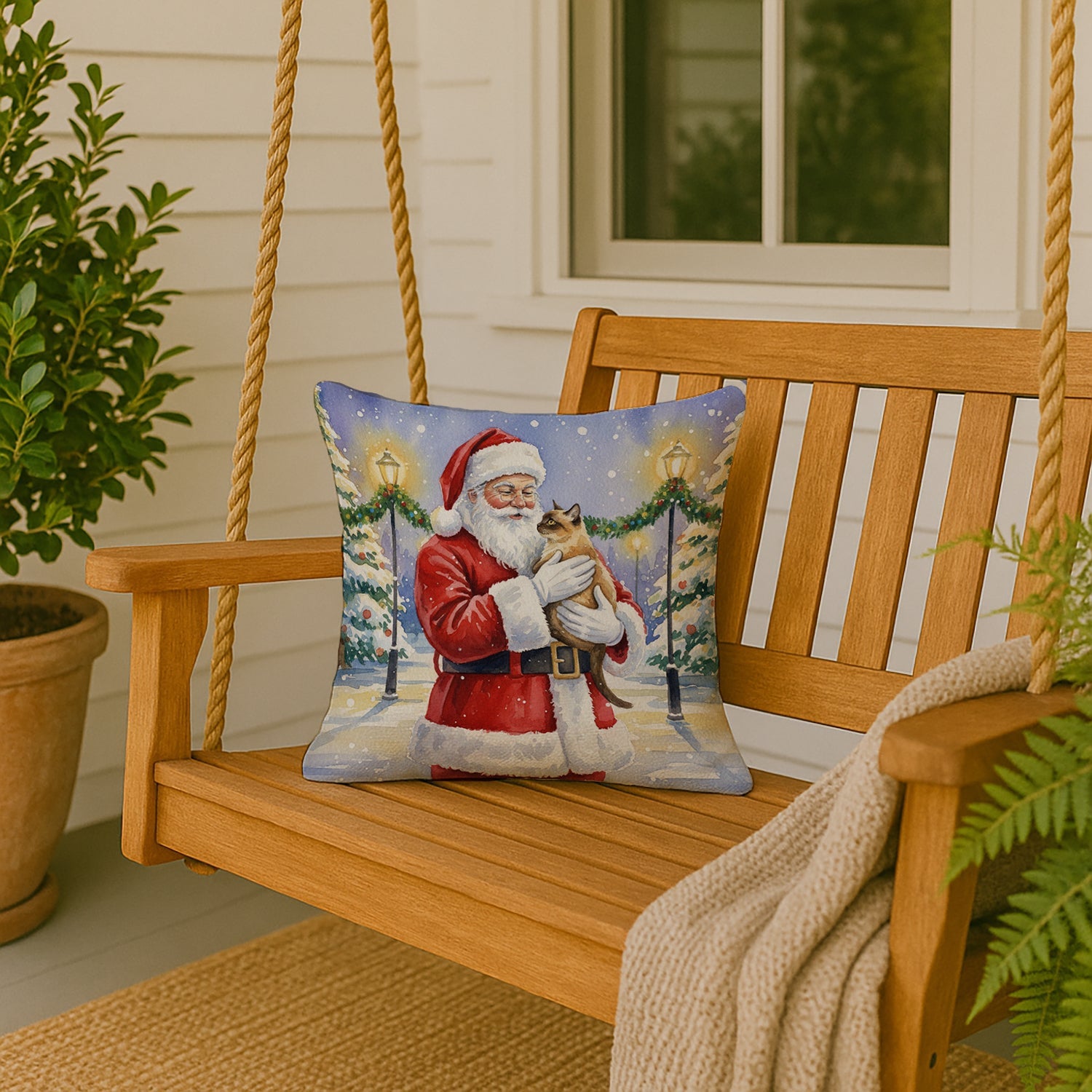 Burmese Cat with Santa Claus Decorative Throw Pillow 18x18 Indoor Outdoor Accent Cushion, Fabric Cover with Insert for Sofa, Bed, Porch & Living Room